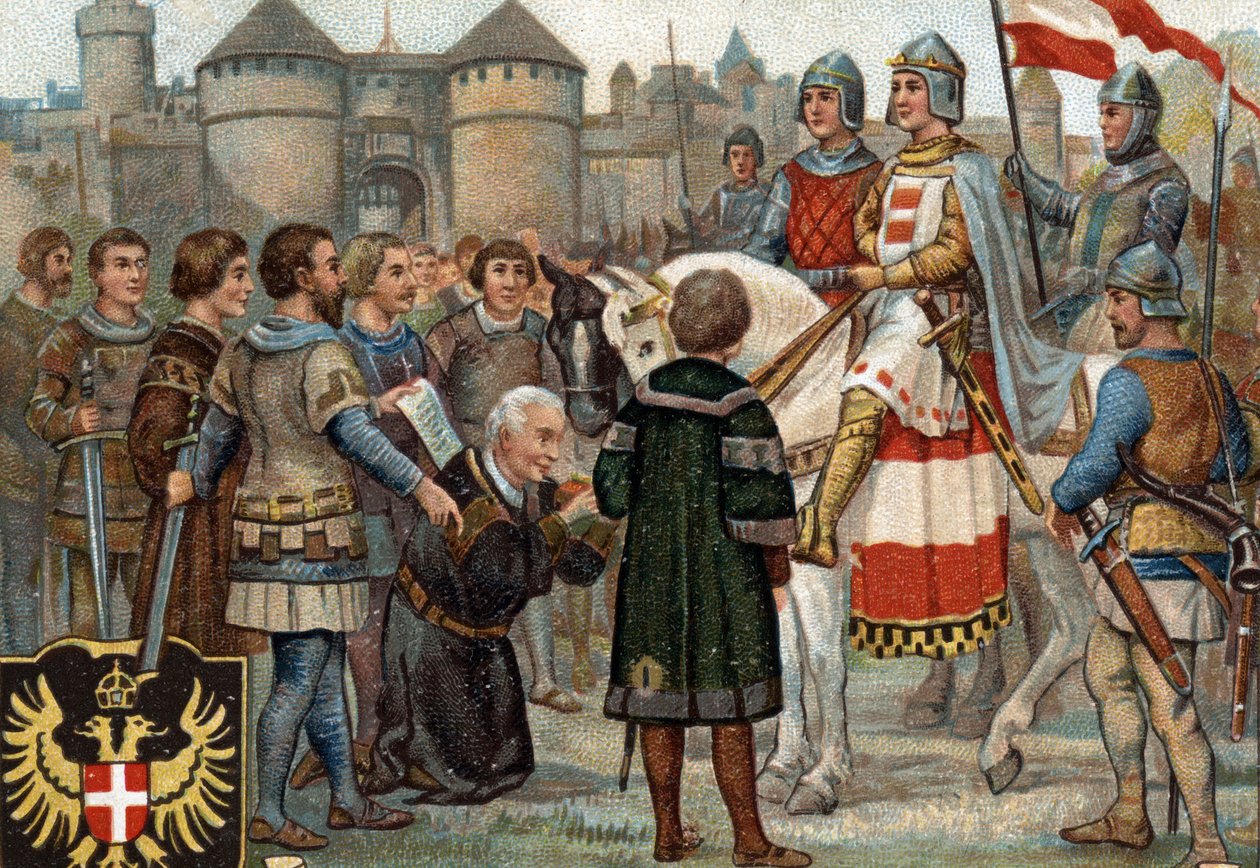 Historyczne epizody słynnych miast: Rudolf Habsburg (Rodolf I Świętego Cesarstwa 1218-1291) objął w posiadanie Wiedeń (1276). Rodolf I był królem Rzymian i przejmując w posiadanie miasto Wiedeń założył potęgę Habsburgów. Chromol autorstwa Unknown artist