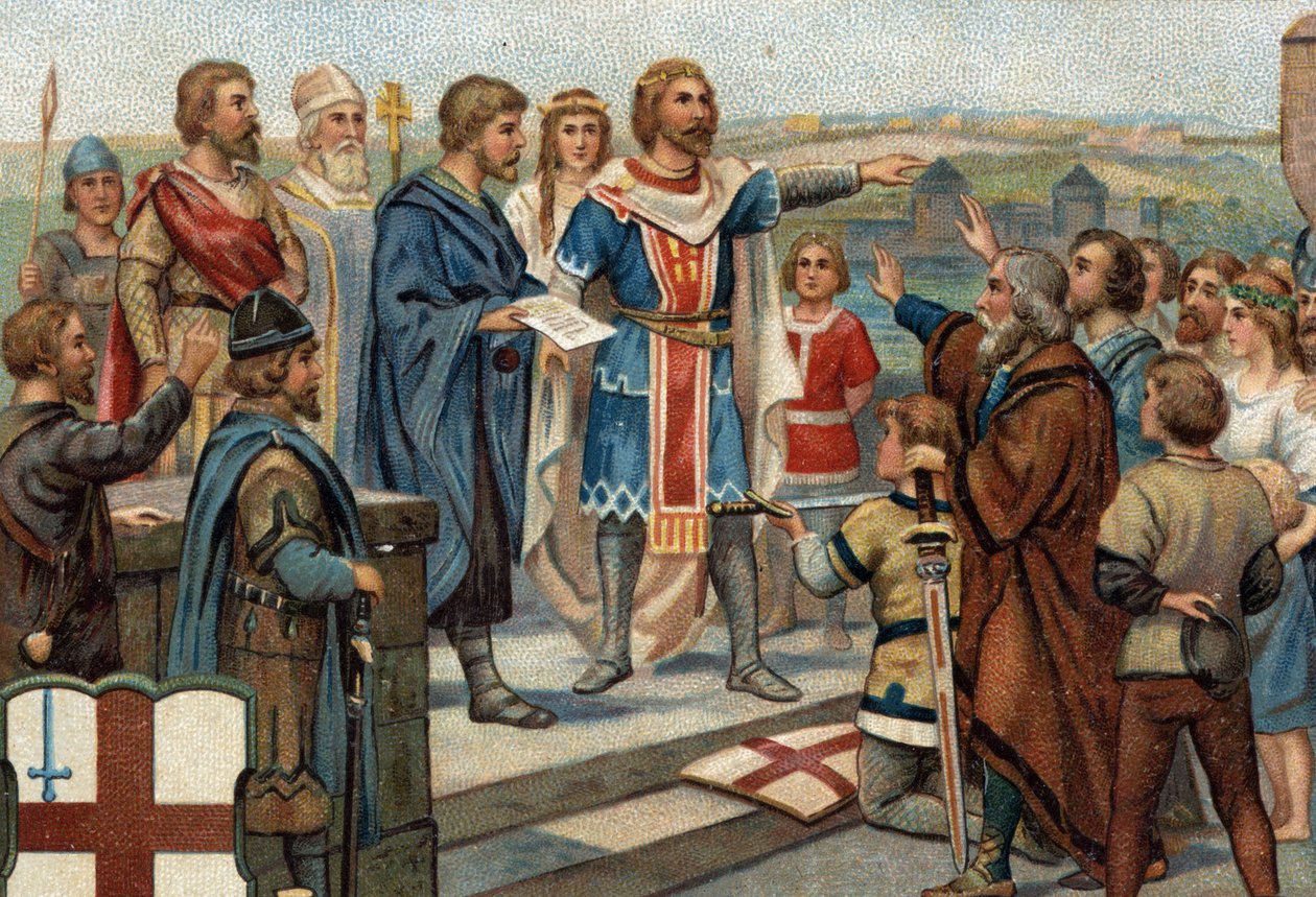 Historyczne epizody słynnych miast: Alfred Wielki (849-899) przywraca Londyn jego dawnym mieszkańcom (886), „Pokój Alfreda i Guthruma” oznaczał zwycięstwo Anglosasów nad Duńczykami (=Wikingami). Chromolitografia XIX wieku. autorstwa Unknown artist