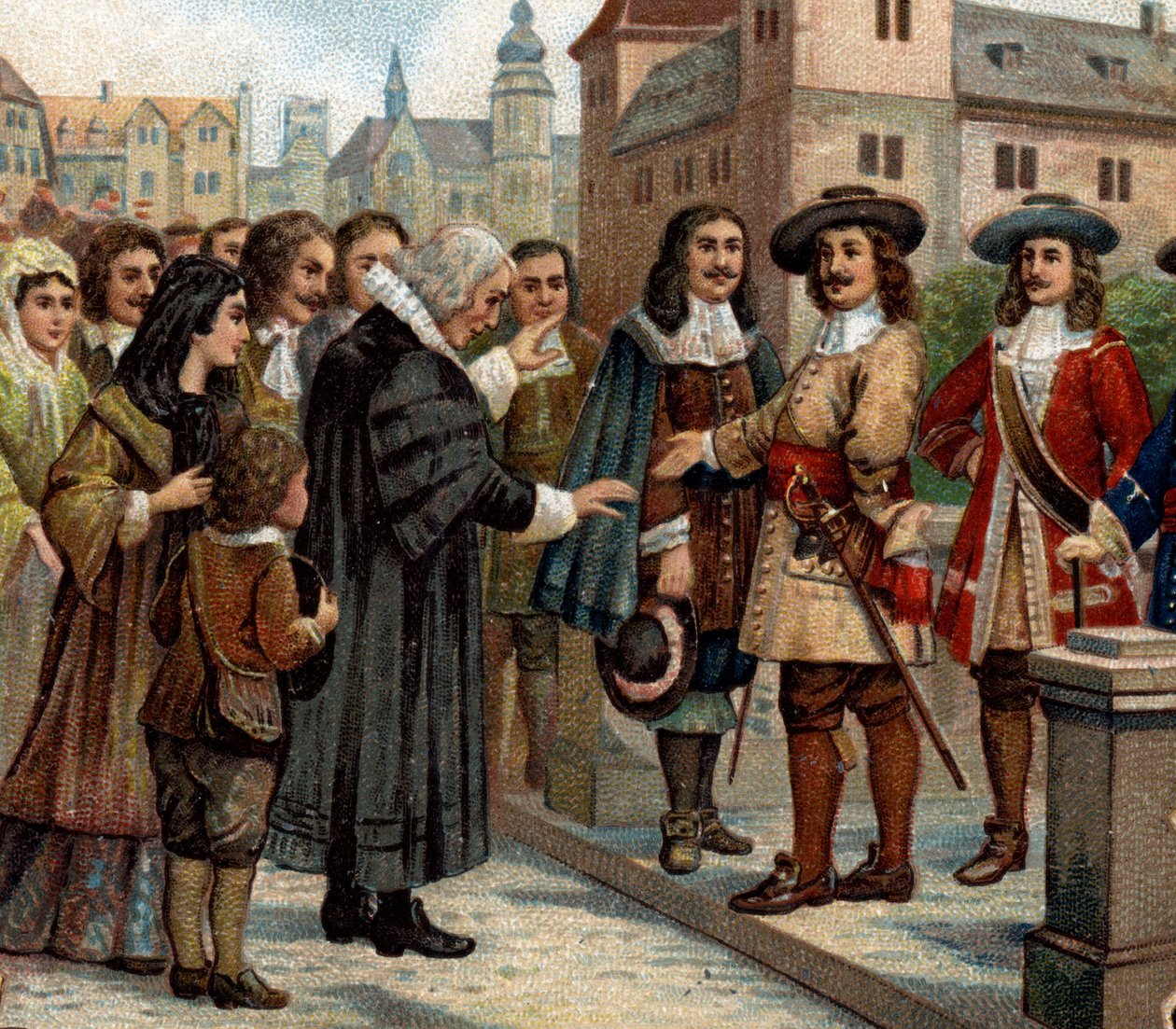 Epizody historyczne znanych miast: Wielki Elektor Fryderyk Wilhelm I Brandenburski (1620-1688), przyjmował w Berlinie emigrantów francuskich (1685). Powitał francuskich protestantów, którzy po odwołaniu Nantes Edit opuścili Francję. Ten autorstwa Unknown artist
