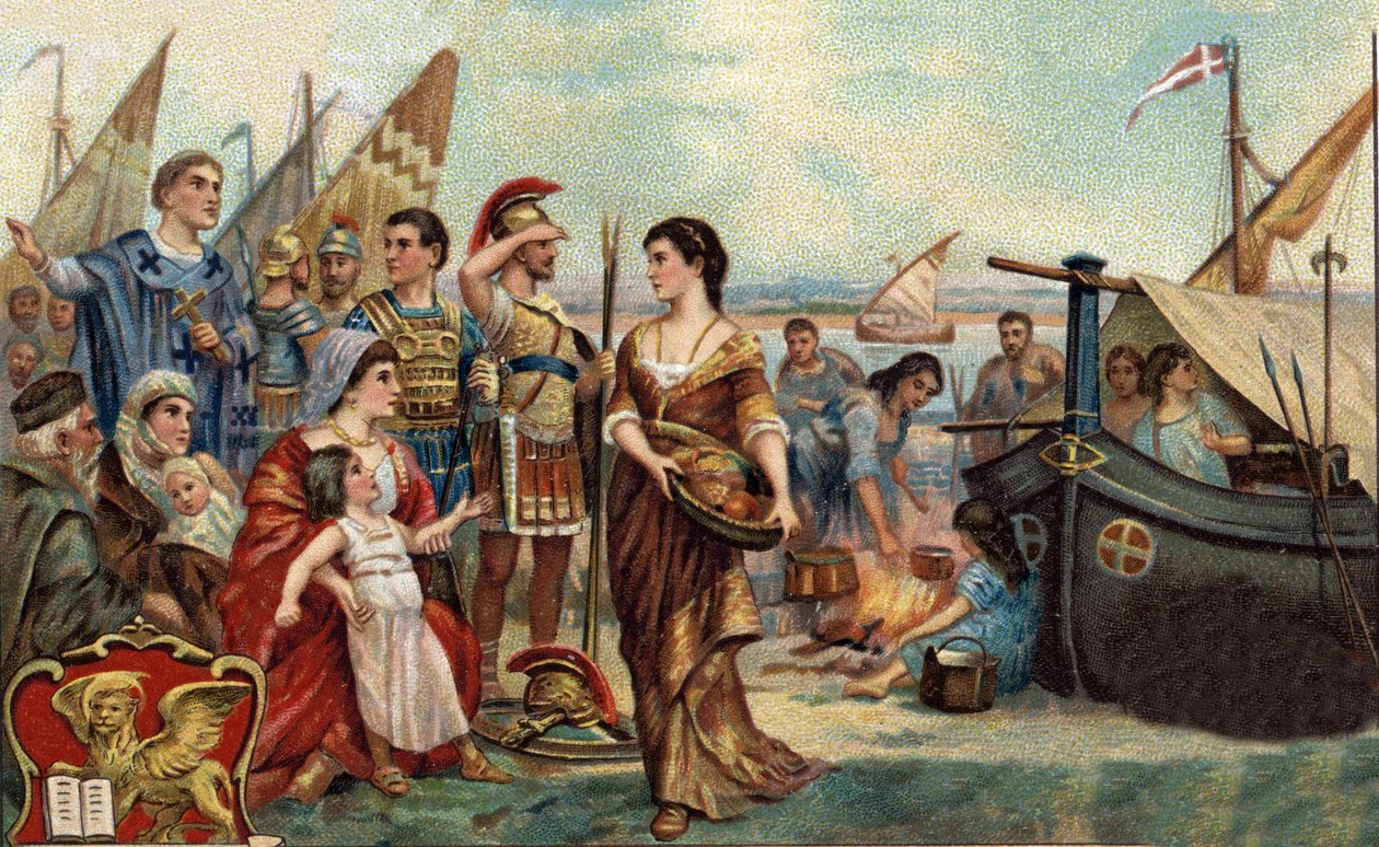 Historyczne epizody znanych miast: Wenecjanie, na których polują Hunowie, okupują laguny (452). Jest podstawą Wenecji - Najazdy Barbarzyńców - Chromolitografia XIX wieku. autorstwa Unknown artist