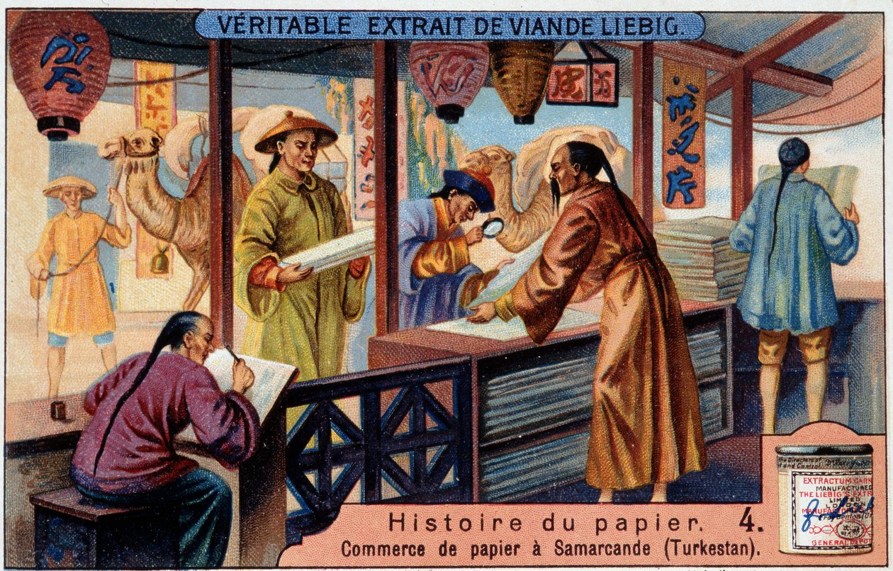 Historia papieru. 4. Handel papierami w Samarkandzie (= Samarkanda) (Turkestan). Chromolitografia Liebiga autorstwa Unknown artist