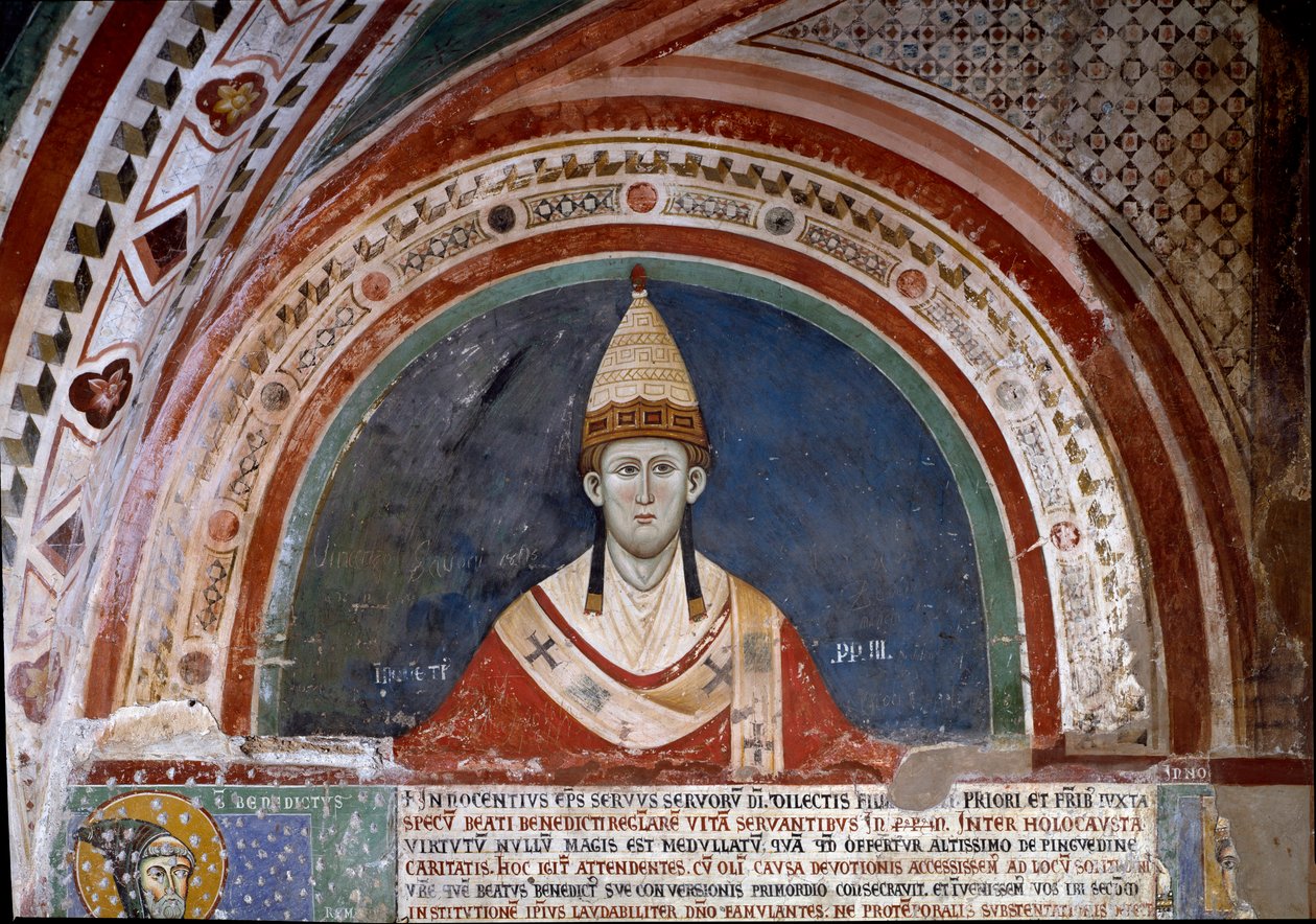 Historia św. Franciszka z Asyżu: przedstawienie papieża Innocenza III, ukazujące bańkę potwierdzającą panowanie franciszkańskie w 1210 r. (fresk) autorstwa Unknown artist