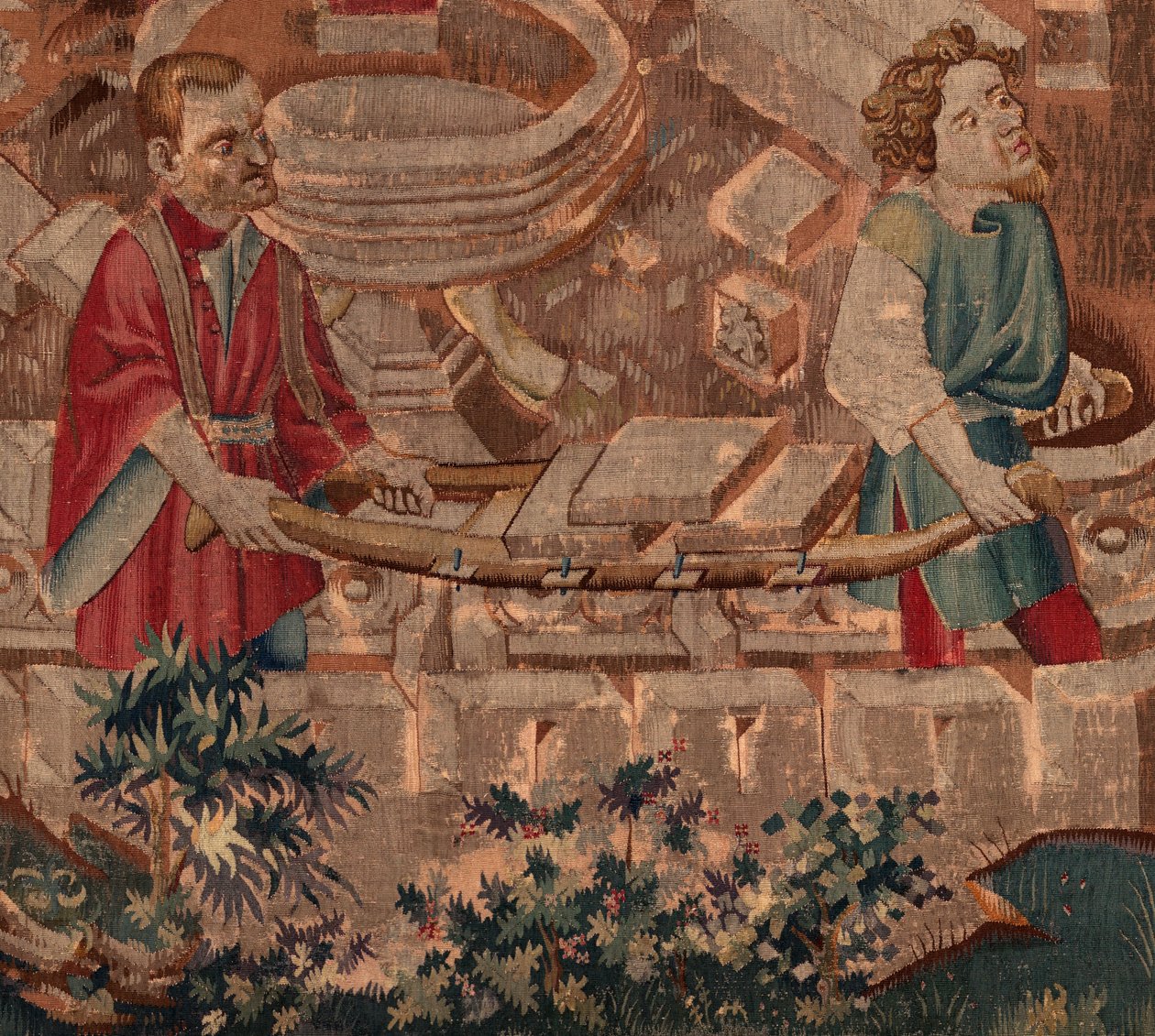 Historia św. Piata i św. Eleutery, scena 5 Szczegół. Dolna część. Murarze przewożący kamienie. autorstwa Unknown artist