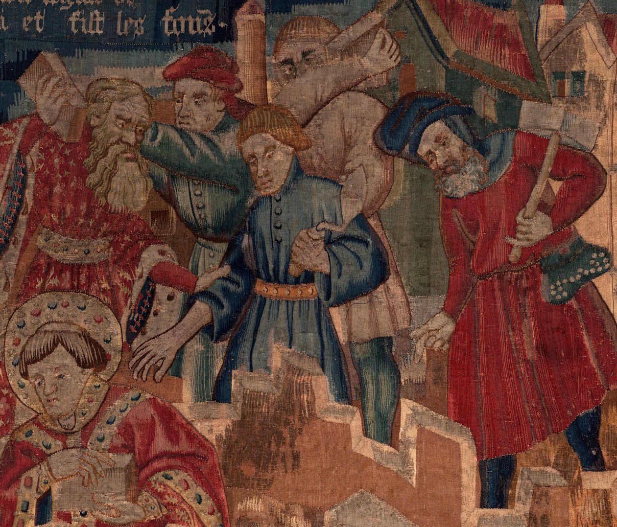 Historia św. Piata i św. Eleutery, scena 5 Szczegół. Górna część po prawej. Murarze. autorstwa Unknown artist