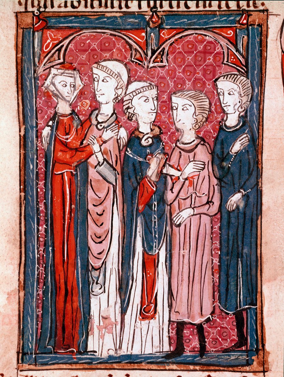 Historia prawa kanonicznego: „”scena zaręczyn”””Miniatura zaczerpnięta z „”Dekret de Gratien””(„Concordia discordantium canonum” lub „Decretum Gratiani”) z 1140 r. regulująca prawa i kanony Kościoła rzymskokatolickiego. XIII-wieczny Laon, Mun autorstwa Unknown artist