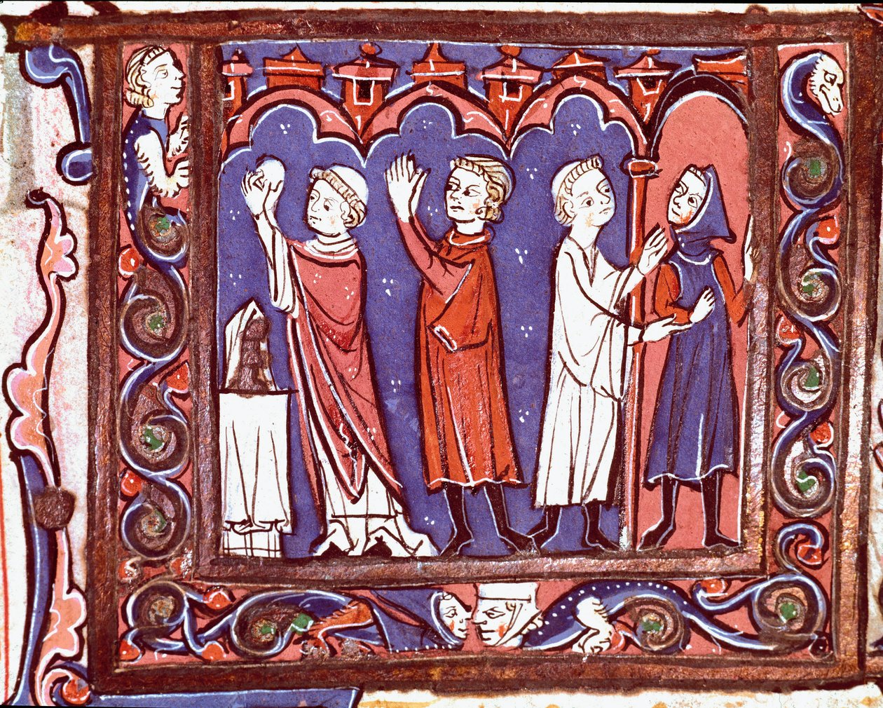 Historia prawa kanonicznego: „”Scena komunii (po lewej) i ekskomuniki (po prawej)”” Miniatura zaczerpnięta z „”Decretales”” Giovanniego d