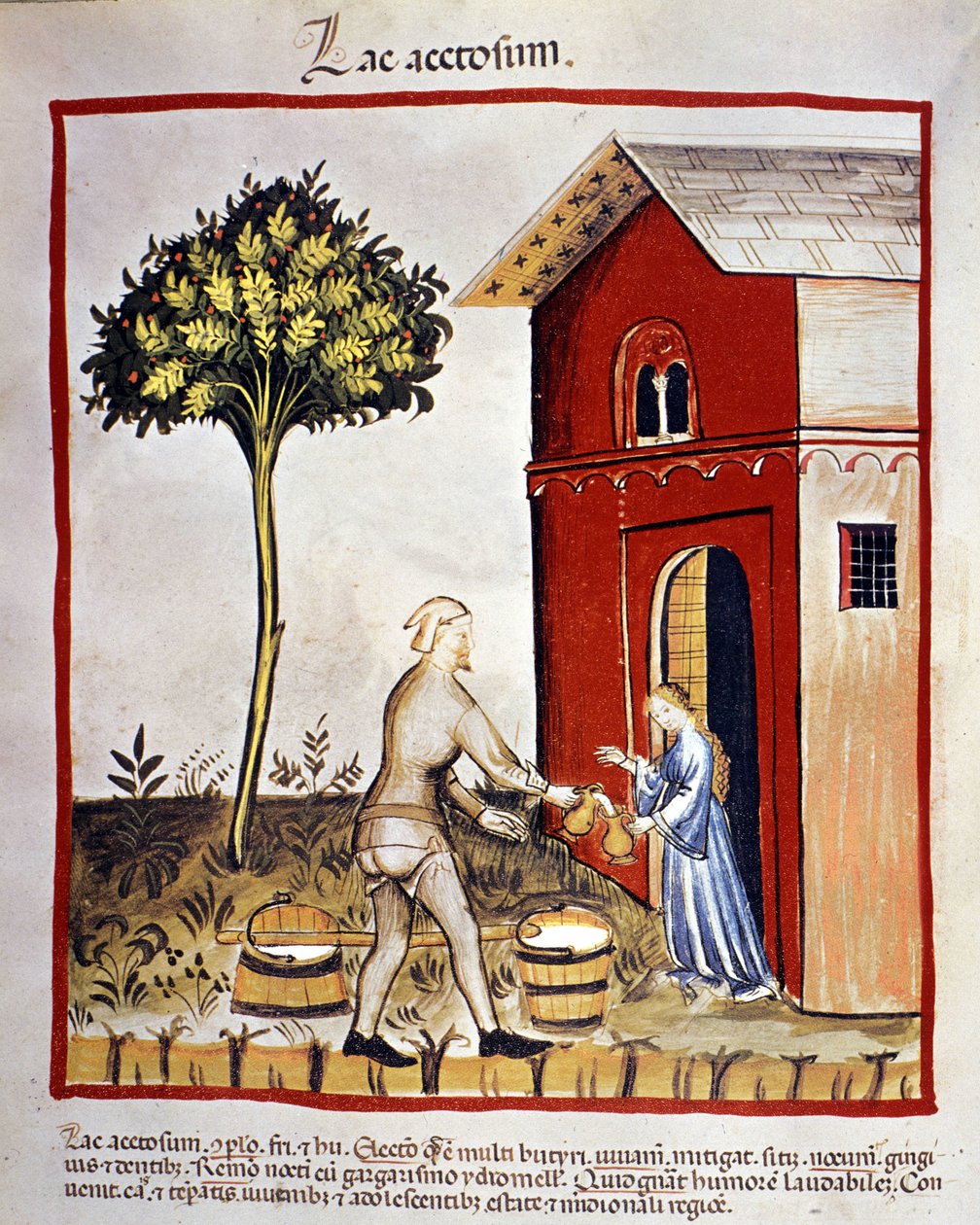 Historia produktów mlecznych: dystrybucja jogurtu (jezioro acetosium). Oświetlenie z „Tacuinum sanitatis” autorstwa Unknown artist