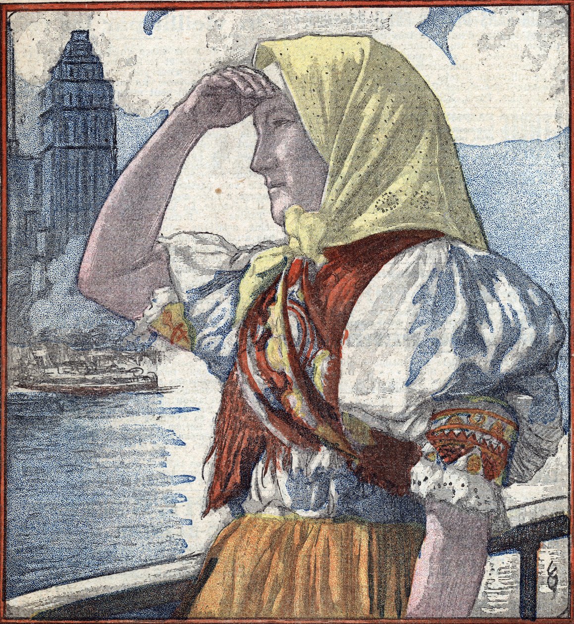 Historia imigracji w Ameryce: młoda imigrantka przybyła na Ellis Island, patrząc na Nowy Jork w oddali Ilustracja z "Le Pelerin" z 15 kwietnia 1934 r. Kolekcja prywatna autorstwa Unknown Artist