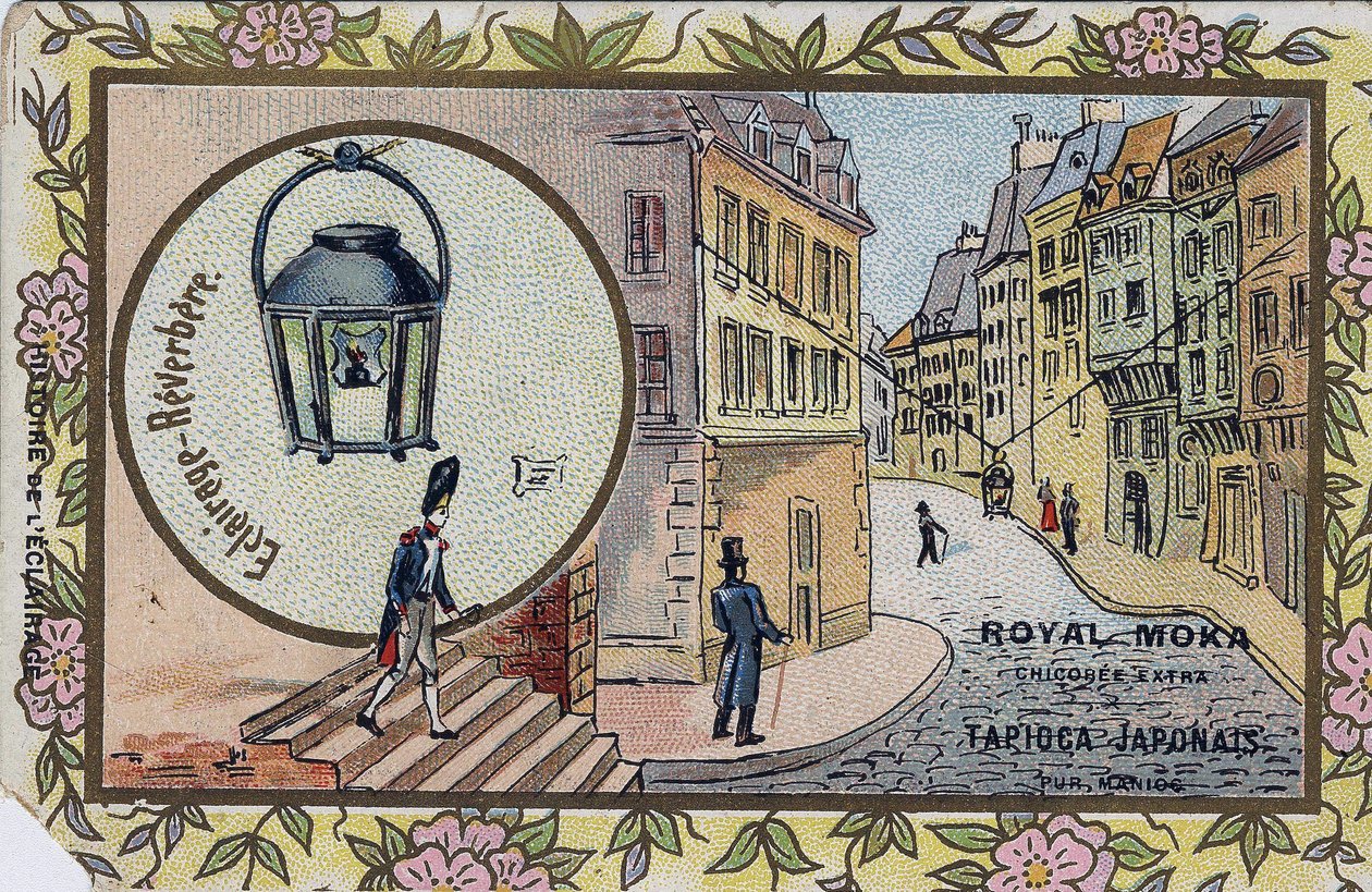 Historia oświetlenia: Oświetlenie lamp ulicznych. Chromolitografia owijająca chicoree Royal Moka. autorstwa Unknown artist