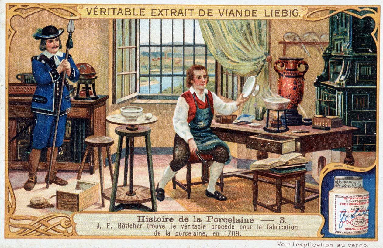 Historia porcelany: Johann Friedrich Bottger (Bottcher lub Bottiger) (1682-1719) znajduje prawdziwą metodę wytwarzania porcelany w 1709 r. - Chromolitografia Liebiga autorstwa Unknown artist