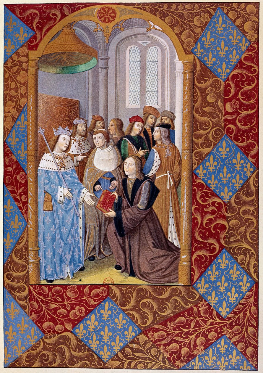 Historia druku: wydawca Antoine Verard (?-1513) przedstawia swoją książkę królowi Karolowi VIII. Z rękopisu z 1494 autorstwa Unknown artist