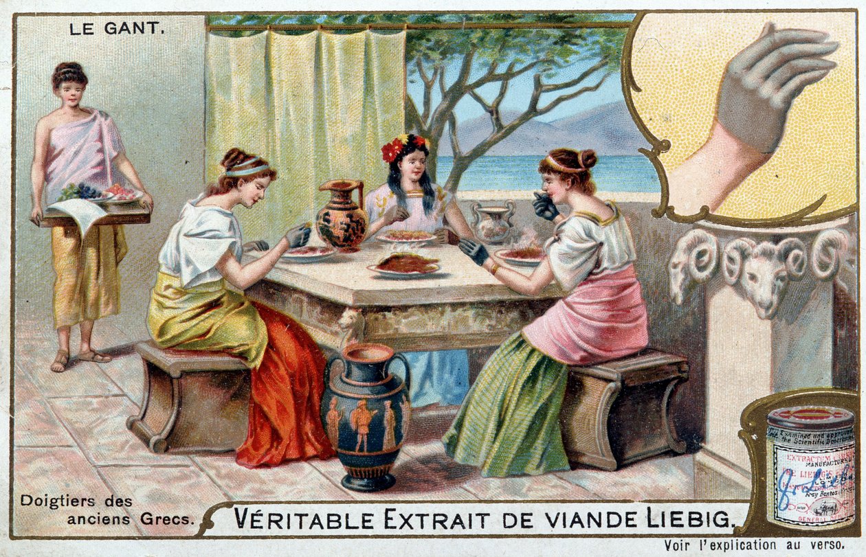 Historia rękawicy: palce starożytnych Greków - chromolitografia Liebiga autorstwa Unknown artist