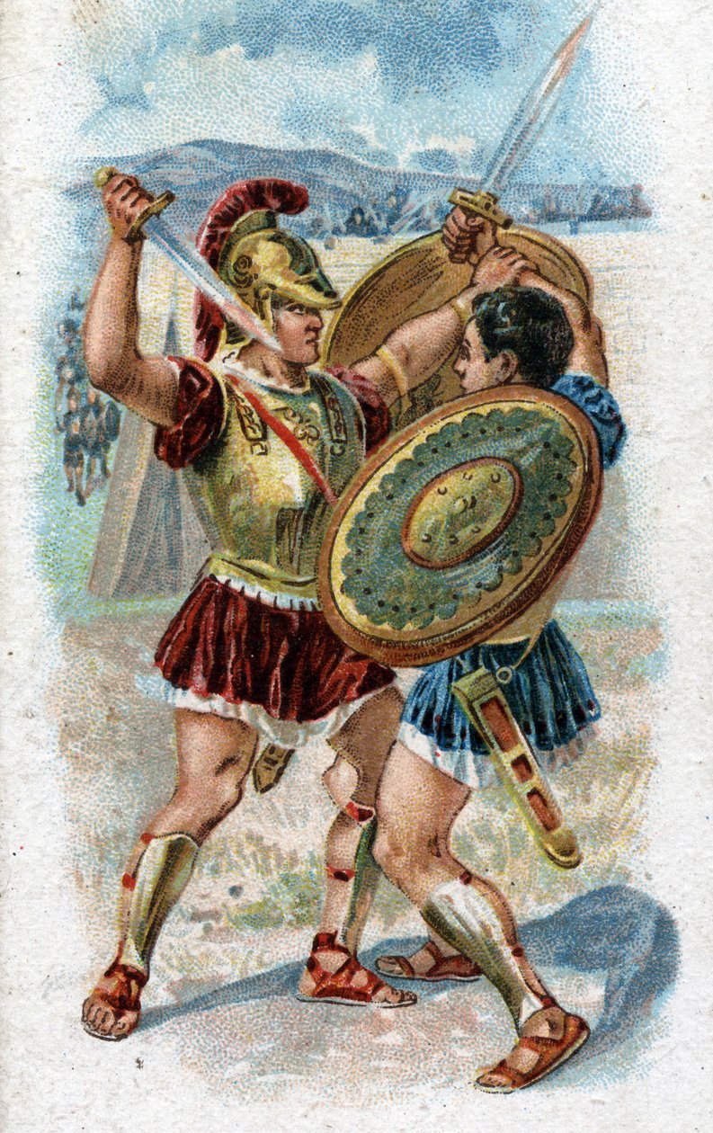Historia życia Achillesa, legendarnych bohaterów wojny trojańskiej: Achilles walczący z Hektorem, by pomścić śmierć Patroklesa. Chromolitografia z 1890 roku. autorstwa Unknown artist