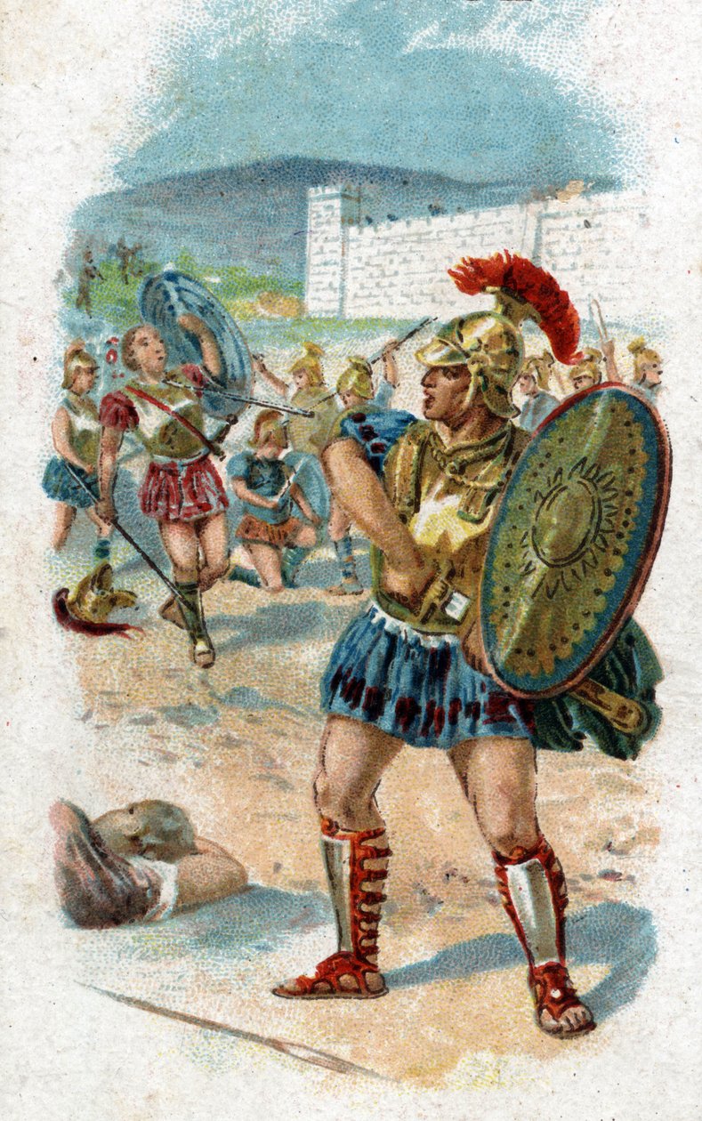Historia życia Achillesa, legendarnych bohaterów wojny trojańskiej: Patroklus dostaje od Achillesa pozwolenie na ratowanie Greków niosąc swoją broń. Zabije go Hector, który zabiera broń Achillesa jako łup. Chromolitografia z 1890 roku. autorstwa Unknown artist