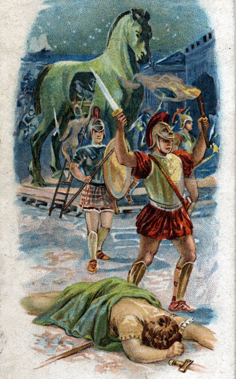Historia życia Achillesa, legendarnych bohaterów wojny trojańskiej: Zdobycie Troi. Achilles wyprzedza miasto dzięki koniowi. Chromolitografia z 1890 roku. autorstwa Unknown artist