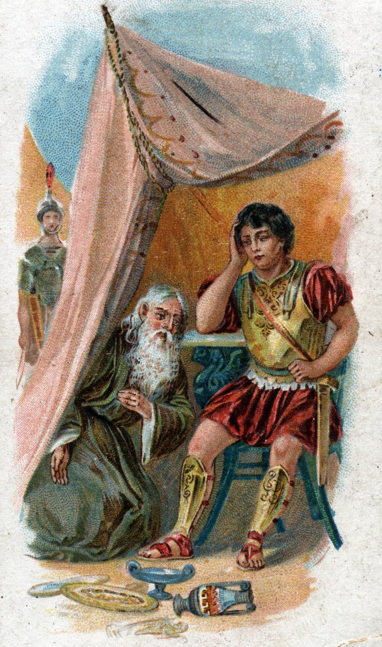 Historia życia Achillesa, legendarnych bohaterów wojny trojańskiej: stary mędrzec Nestor przekonuje Patroklesa, przyjaciela Achillesa, by zastąpił go w walce z miastem Troja. Chromolitografia z 1890 roku. autorstwa Unknown artist
