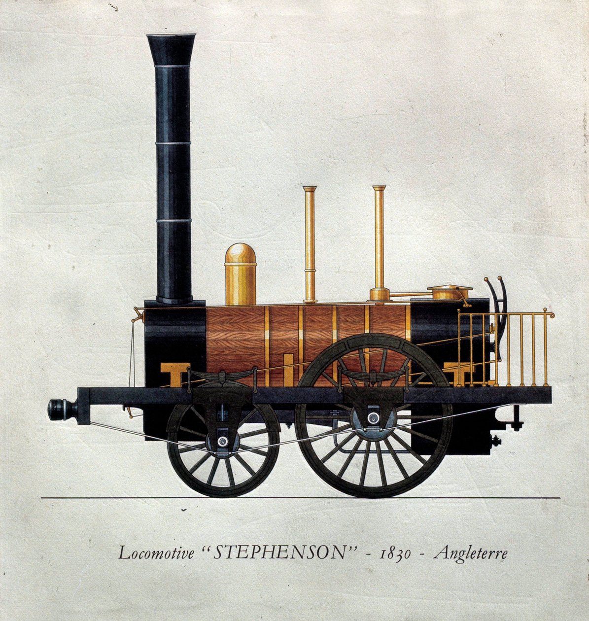 Historia transportu: tablica przedstawiająca lokomotywę „Stephenson”” wyprodukowana w Anglii autorstwa Unknown artist