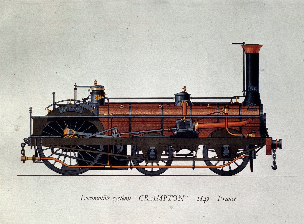 Historia transportu: model lokomotywy, system Crampton nazwany na cześć Thomasa Russella Cramptona (1816-1888), brytyjski inżynier: stworzył lokomotywę dużych prędkości. Grawerowanie od 1849 Paryż, Sztuka dekoracyjna autorstwa Unknown artist