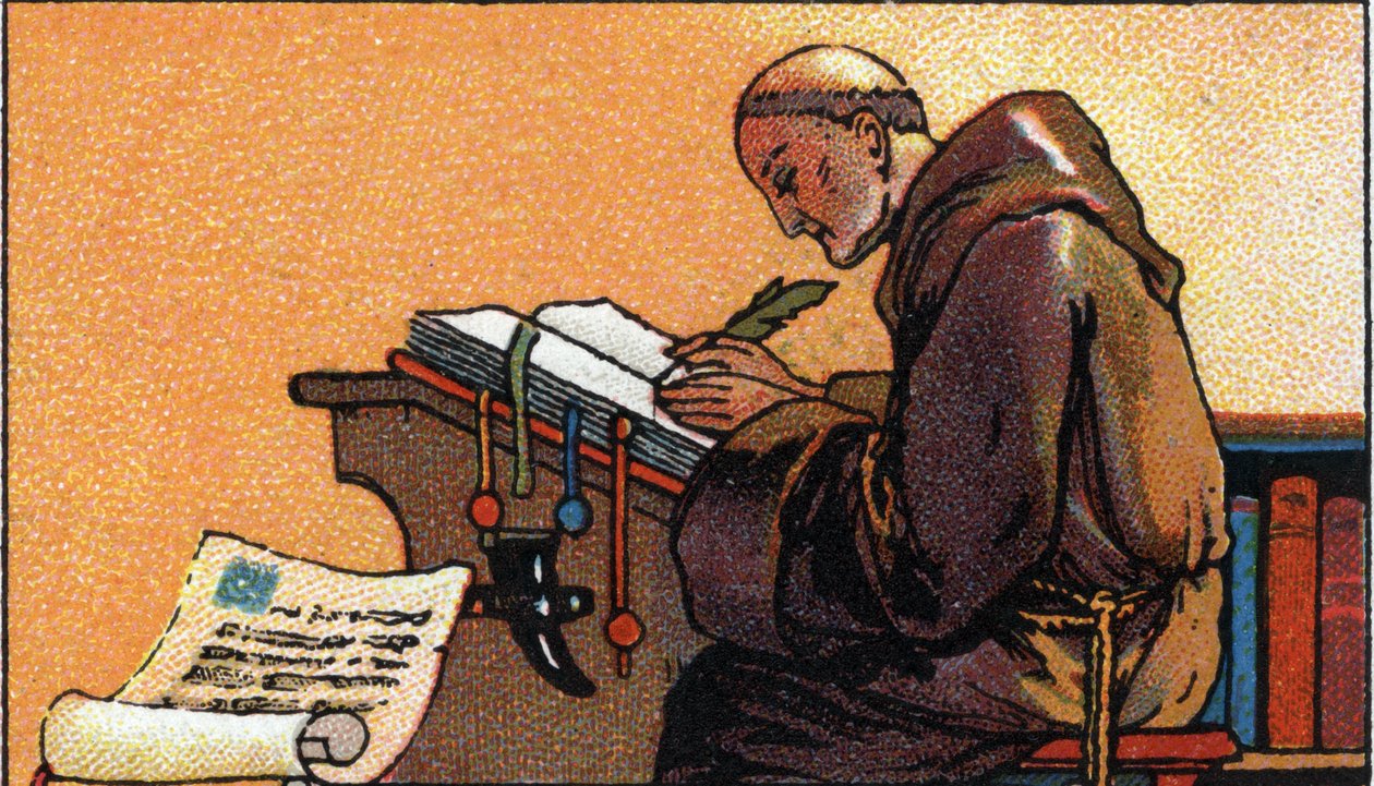 Historia pisma: mnich kopista kopiujący manuskrypty w średniowieczu, początek XX wieku (chromo) autorstwa Unknown Artist