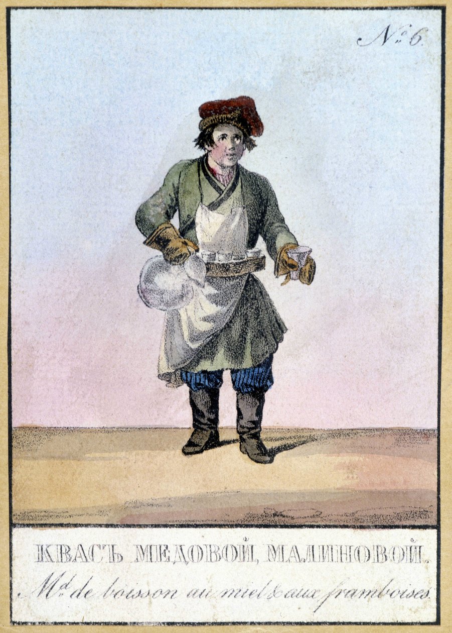 Dystrybutor miodu i napojów malinowych w Rosji w XIX wieku. Ilustracja XIX wieku. autorstwa Unknown artist