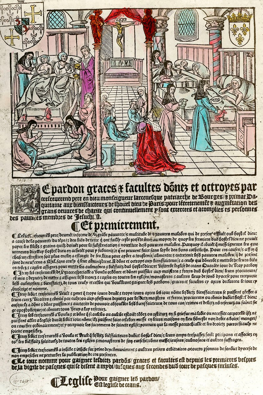Szpital w XVI wieku: List odpustowy (z prawej: scena szpitalna. Agauche: konający i martwi). Rycina z XVI wieku. Prywatna kolekcja. autorstwa Unknown artist