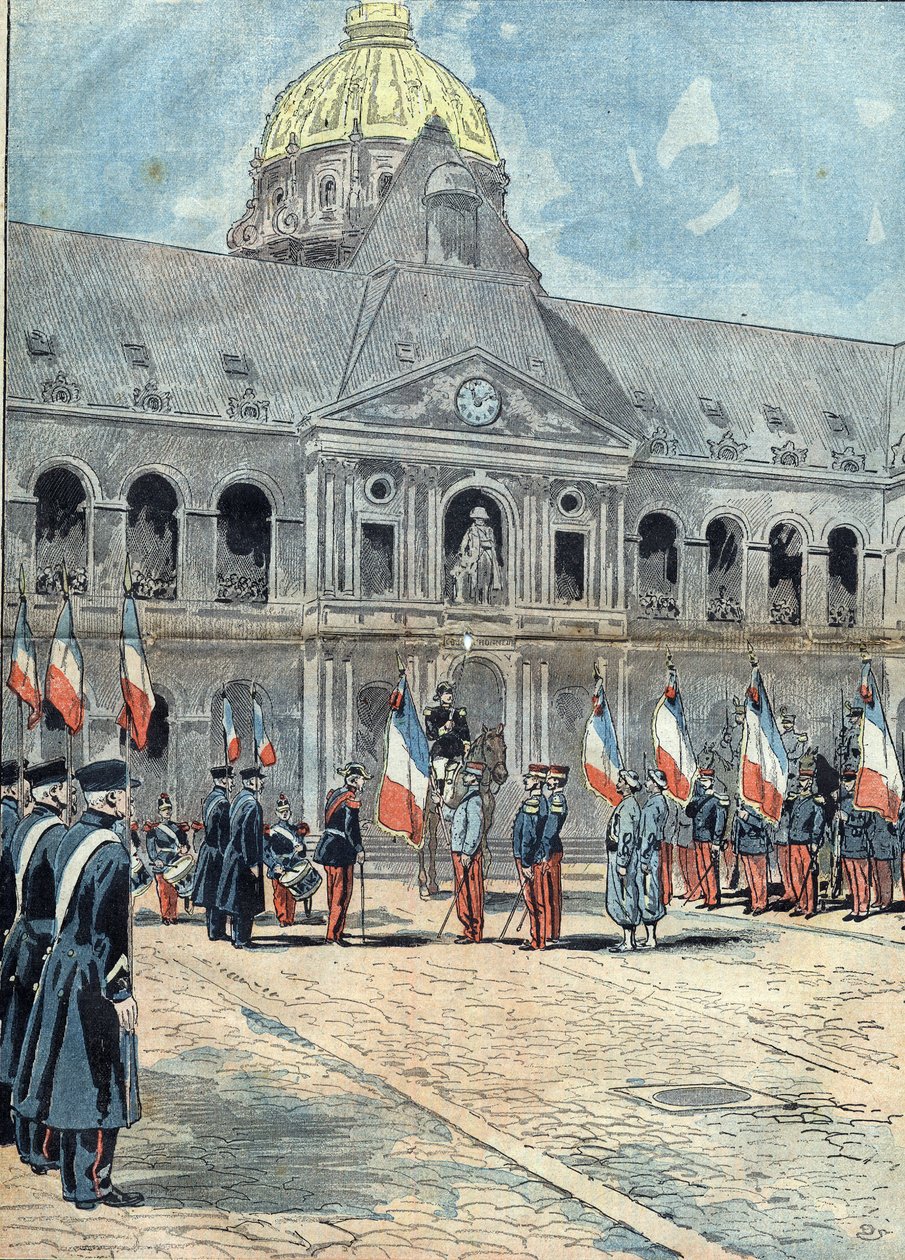 Hotel des Invalides - Paryż - 26 czerwca 1898: delegacja przekazana generałowi Arnoux, gubernatorowi Inwalidów, flaga Regiment of Algerie aui zawisła 30 września 1895 na pałacu królowej Tananarive. Ilustracja w „”Le Pelerin” autorstwa Unknown artist