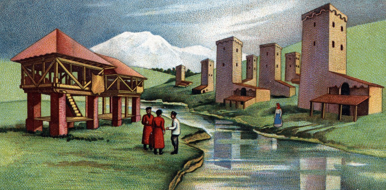 Domy z wieżami obronnymi, Kaukaz Zachodni, Związek Radziecki (ZSRR) (Houses with fortified towers, Western Caucasus, Soviet union) 1930