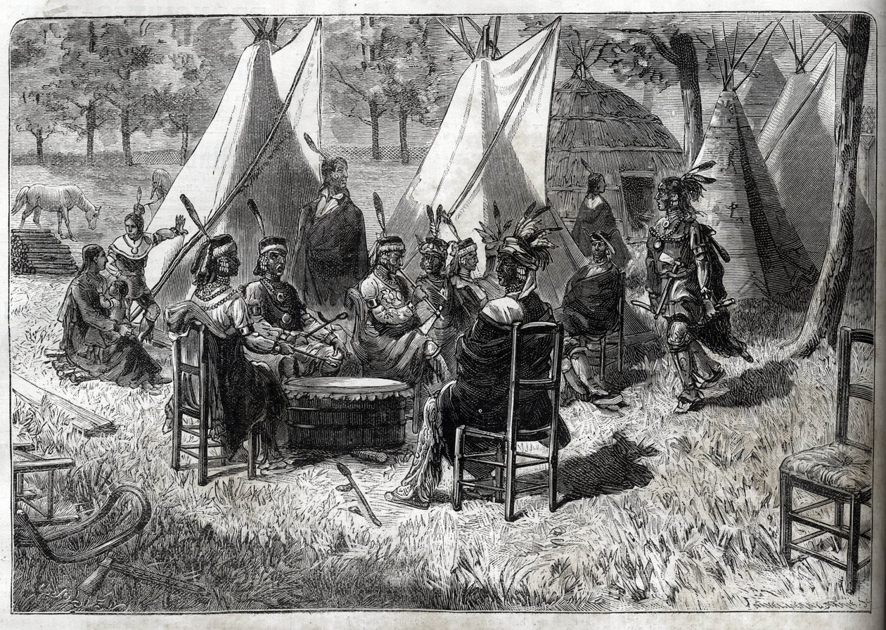 Ludzkie ogrody zoologiczne - Ludzkie zoo - Wystawy etnologiczne - Indianie Mohas w Ogrodzie Aklimatyzacji (The Illustrious Diary of 1883) - Piętnastu Indian z Nebraski autorstwa Unknown artist