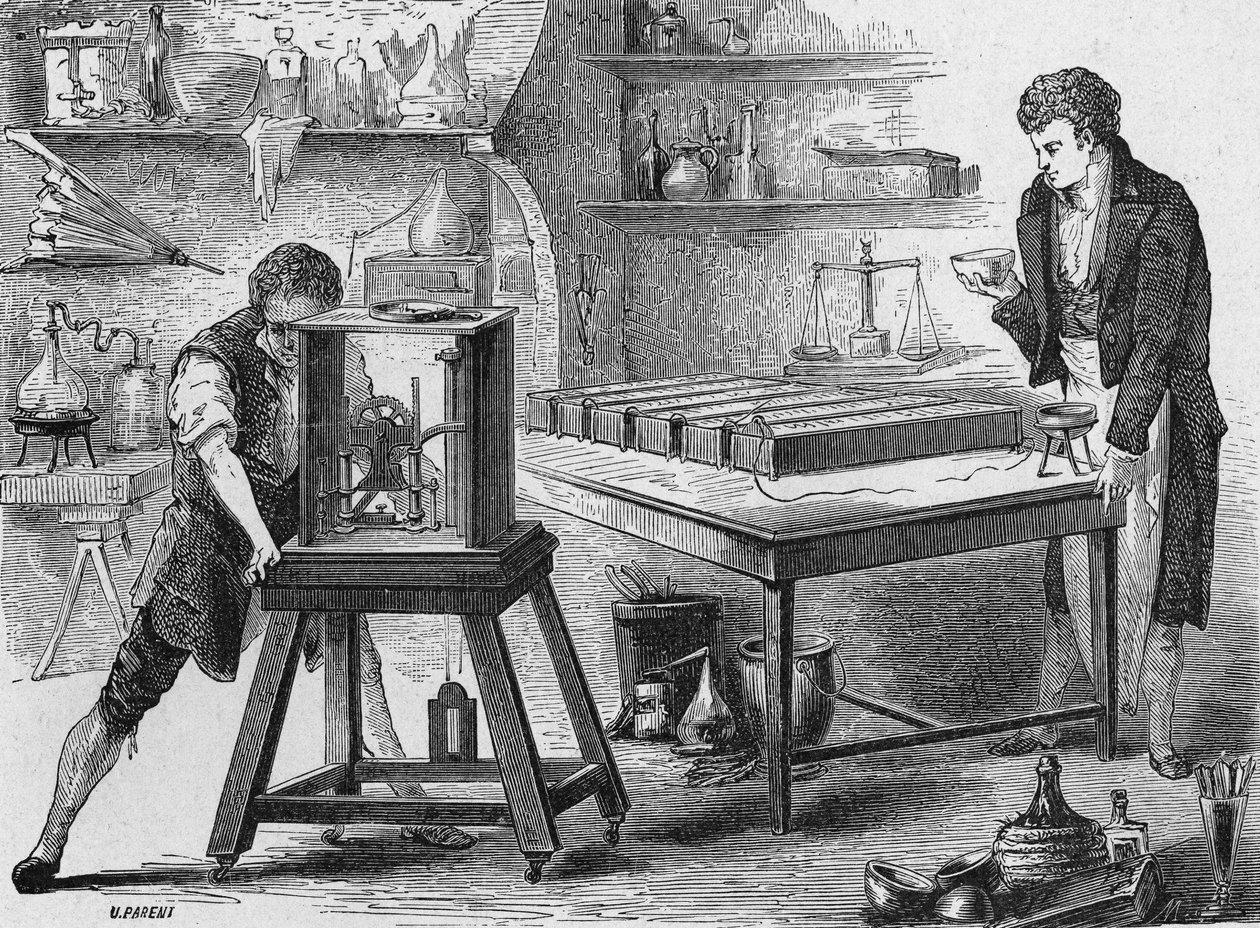 Humphry Davy rozkłada zasady za pomocą baterii galwanicznej. W „Albumie nauki”, Éditions Jouvet autorstwa Unknown artist