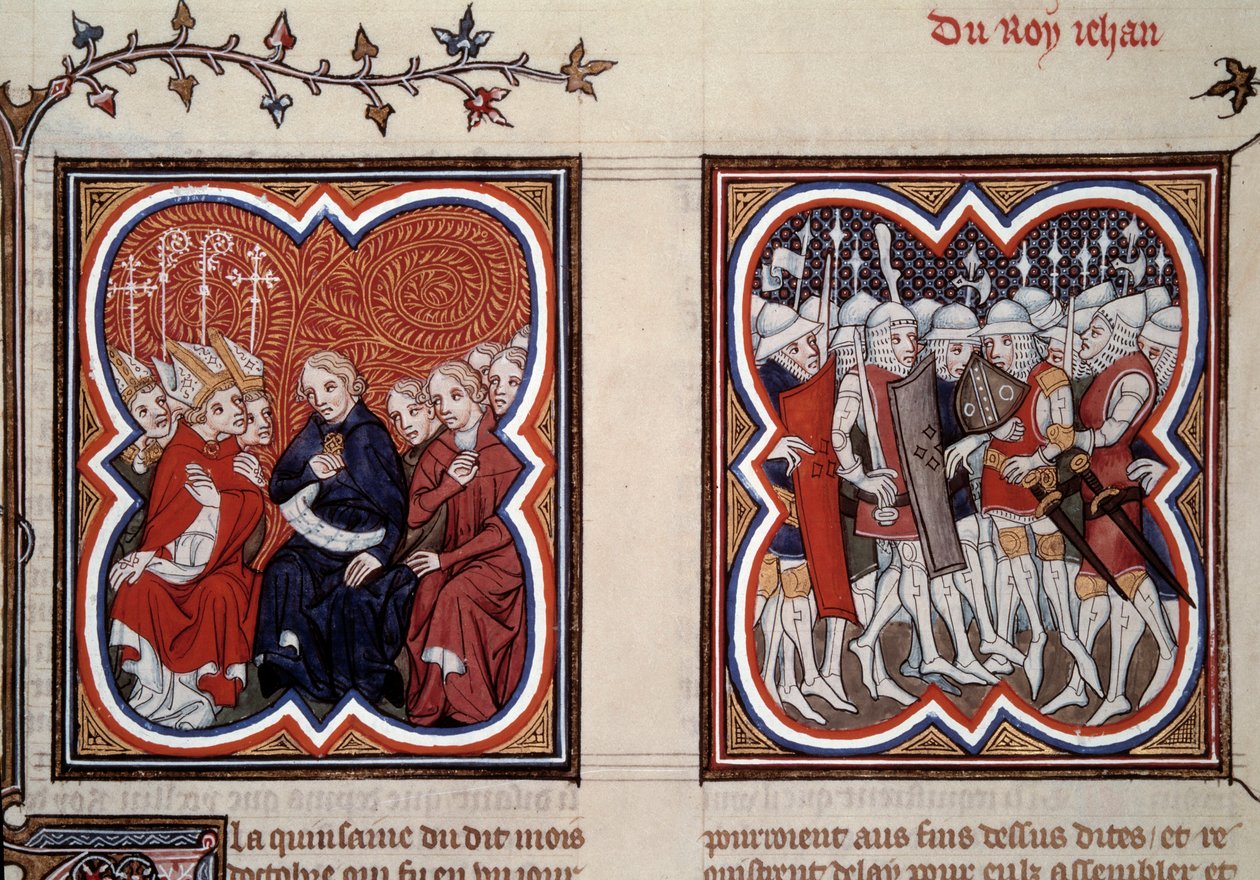 Wojna stuletnia: „Po lewej stronie przyszłego delfina Karola V Mądrego (1338-1380) (w tym czasie regenta) i radnych Stanów Generalnych zarządzili wyzwolenie swojego ojca Jana II po bitwie pod Poitiers w 1356 roku, był otoczony przez Etien autorstwa Unknown artist