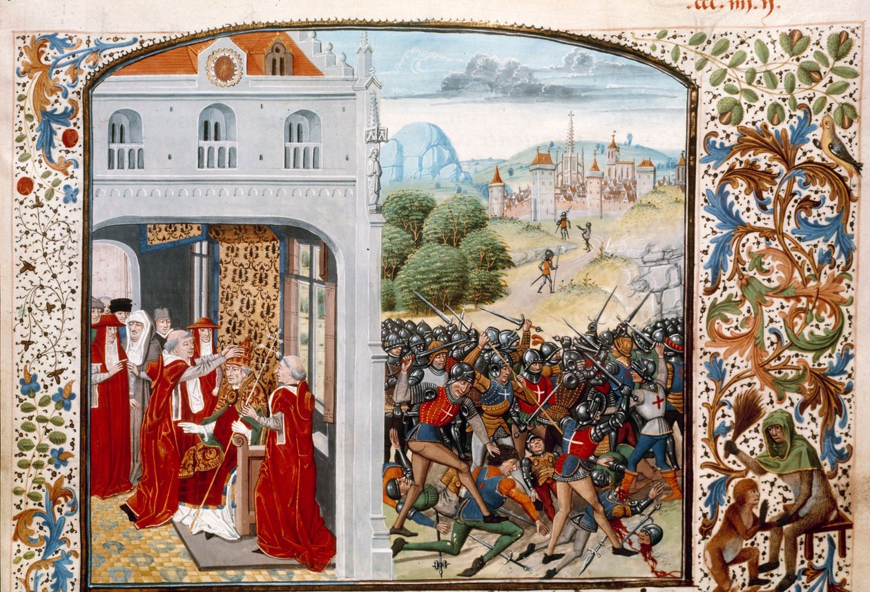 Wojna stuletnia: „” Papież Gregoire XI (1329-1378) koronował Awinion w 1370 r. Bitwa pod Pontvallain między Francuzami i Anglikami w dniu 4/12/1370”” Miniatura z „Kronik” Jeana Froissarta (1337-1400) Paryż z XV wieku. B.N. autorstwa Unknown artist
