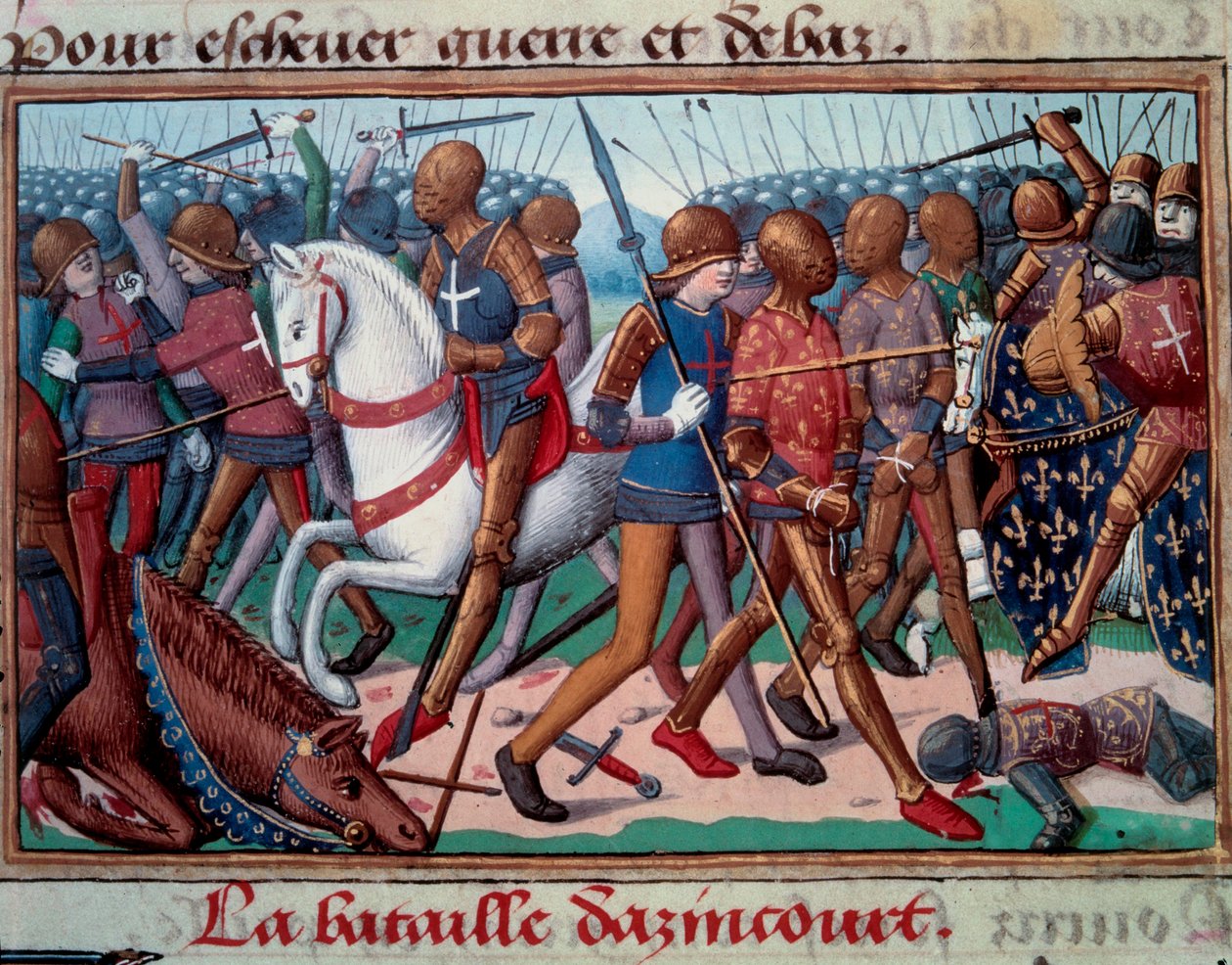 Wojna stuletnia: „”Bitwa pod Agincourt w dniu 25.10.1415”” Miniatura z rękopisu „”Wigile króla Karola VII”” Martial d