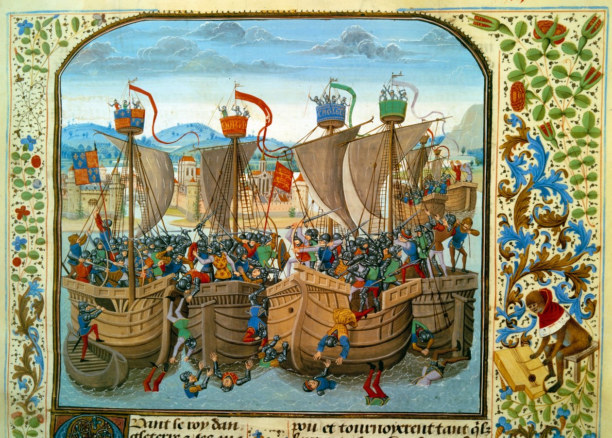 Wojna stuletnia: „” Bitwa morska pod Ecluse, Sluis (Holandia) 20.06.2013, która przeciwstawiła Francuzów Filipa VI z Valois Anglikom Edwarda III”” Miniatura zaczerpnięta z „Kronik” Jeana Froissarta (1337-1400) XV wiek. Paryż. B.N autorstwa Unknown artist