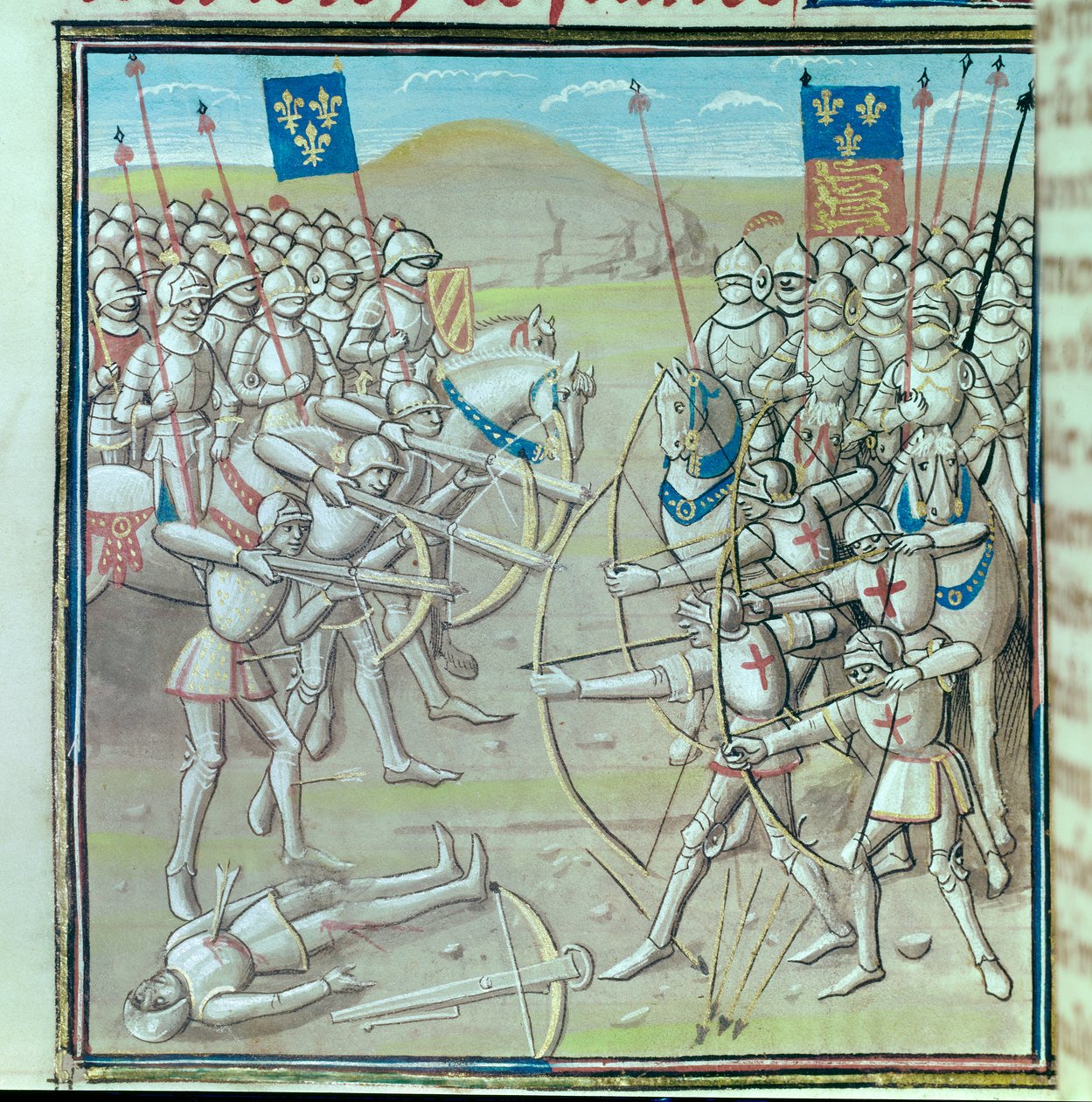 Wojna stuletnia: bitwa pod Crecy 26.08.1346 pomiędzy Francuzami i Anglikami. Miniatura z XIV-wiecznego rękopisu Paryż, Bibliotheque de l