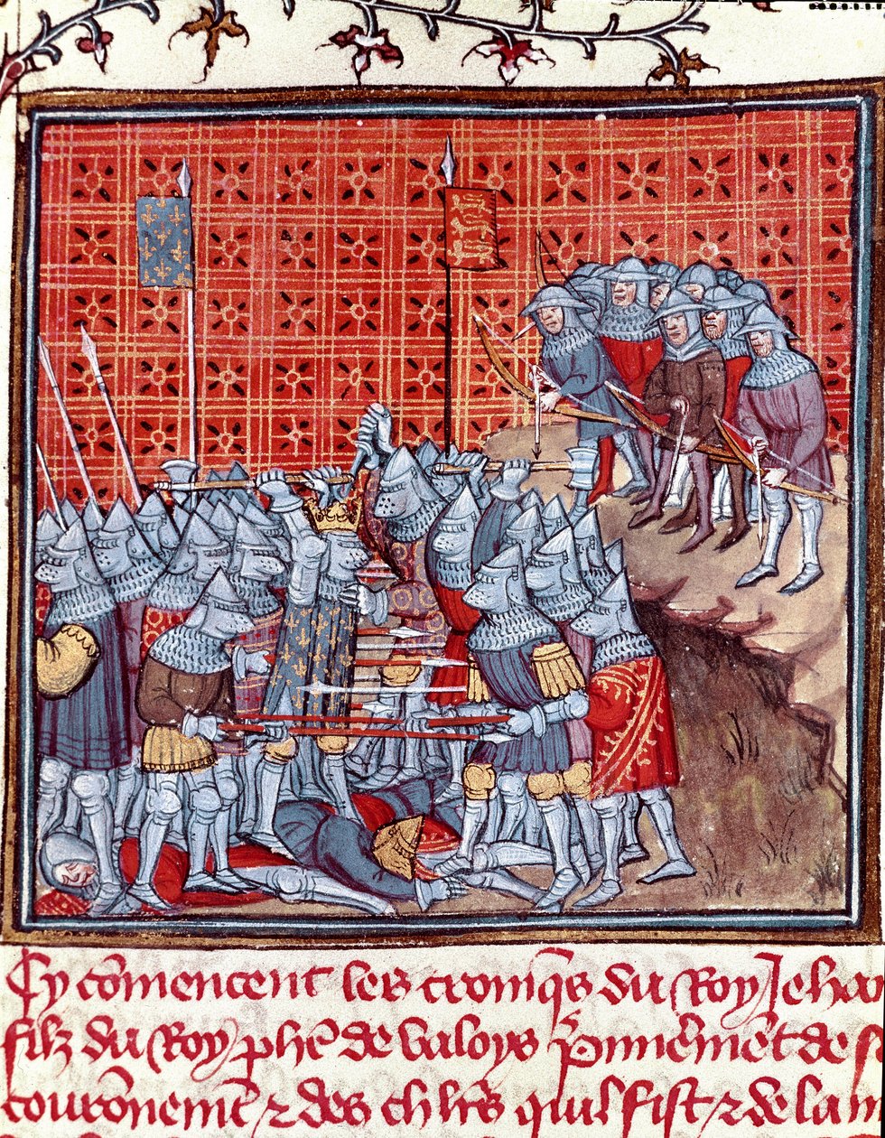 Wojna stuletnia: „”Król Francji Jan II Dobry (1319-1364) podczas bitwy”””Miniatura zaczerpnięta z „”Les grandes Chronicles de France””Jean Froissart (1337-1400) XIV wiek Chantilly , Muzeum Conde autorstwa Unknown artist
