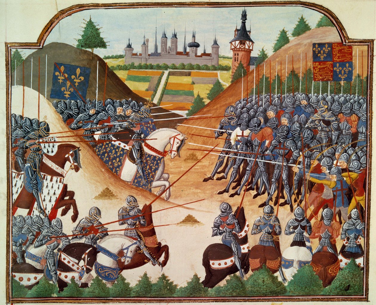 Wojna stuletnia: bitwa pod Formigny (Calvados) 15.04.1450 pomiędzy angielską armią Thomasa Kyriella i Jeana de Clermonta. Miniatura iluminowana z rękopisu „Vigiles du roi Charles VII” w kronikach Jeana Chartiera, pod redakcją Mar autorstwa Unknown artist