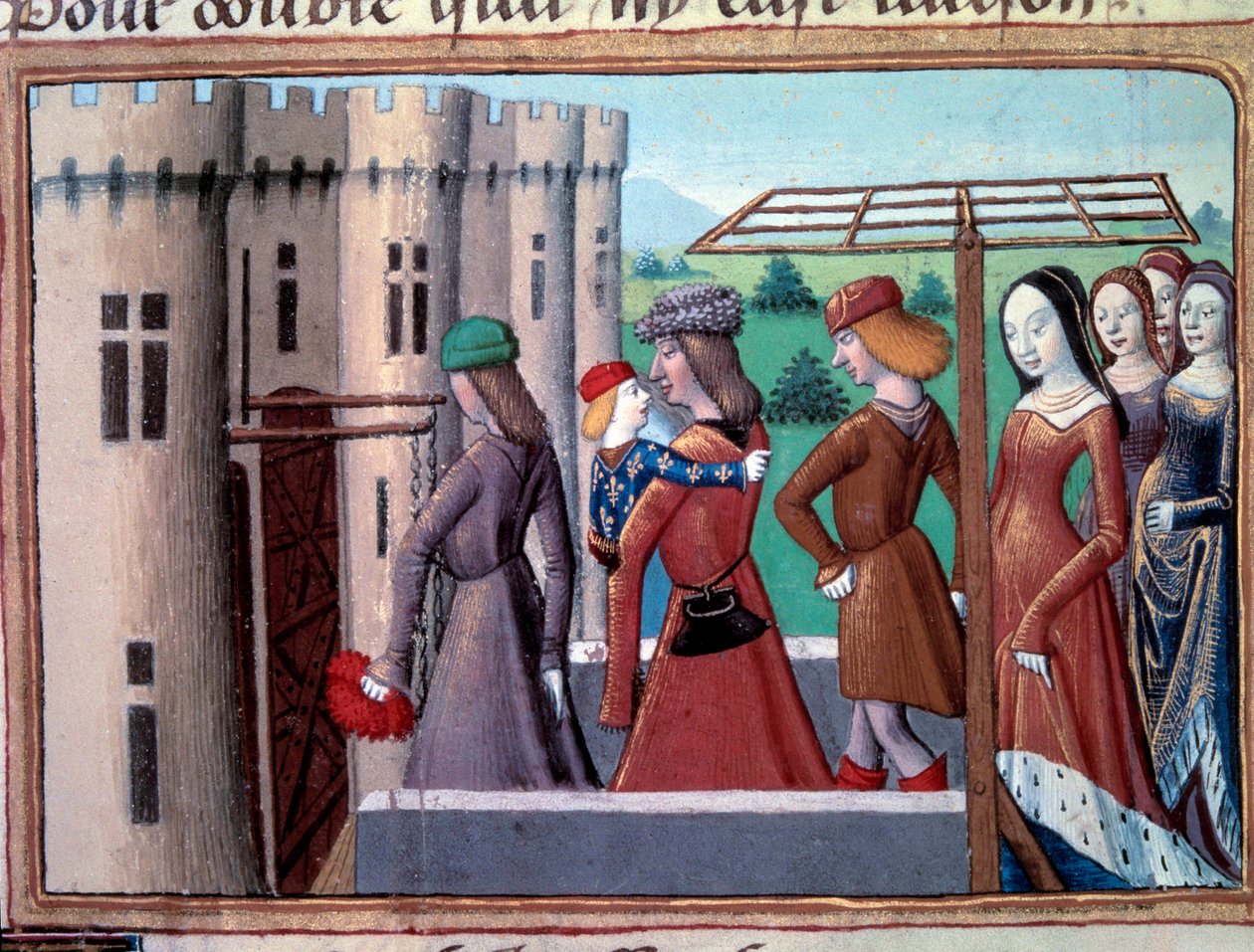 Wojna stuletnia: delfin i przyszły król Karol VII powraca do Paryża po ucieczce do Bourges w czasie wojny domowej między Armagnacs a Burgundami 29.05.1418, czerwiec 1418. Miniatura z „” Vigilles du roi Charles VII ”” autorstwa Martiala d