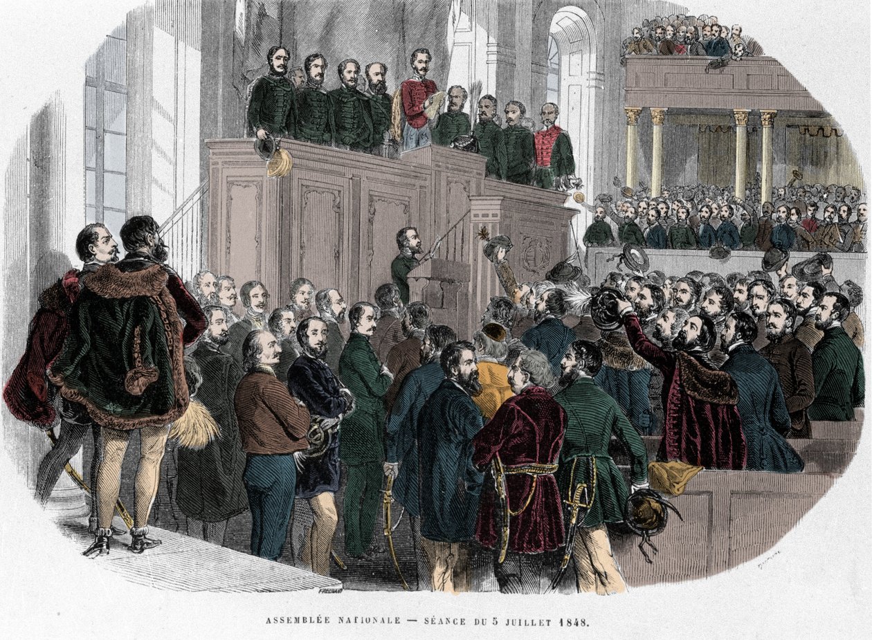 Rewolucja węgierska 1848: Pierwsze posiedzenie Zgromadzenia Narodowego na Węgrzech 5 lipca 1848 r. Grawer w „Hungary History by J. Boldenyi Paris 1853”” autorstwa Unknown artist