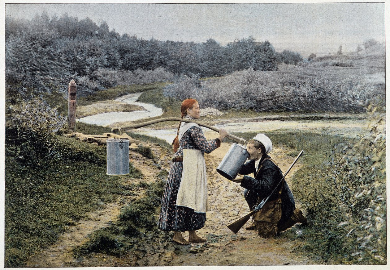 Myśliwy i dziewczyna przy fontannie (Rosja) - fotografia, koniec XIX wieku autorstwa Unknown artist