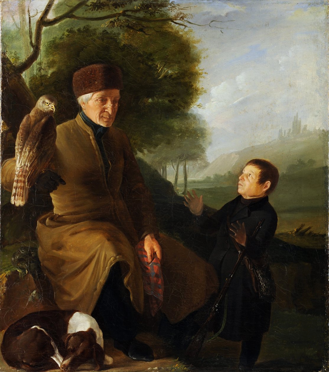 Myśliwy z sokołem. Portret księcia Płatona Aleksandrowicza Zubowa (1767-1822) i Iwana Andriejewicza Jakubowskiego (1770-1864), Anonim. Olej na płótnie, koniec lat 1810, Państwowe Muzeum Architektury, Historii i Sztuki, Vladimir autorstwa Unknown artist