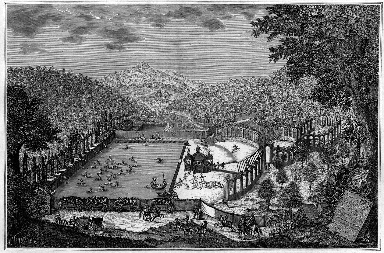 Polowania w Niemczech w XVIII w.: polowanie na jelenie pod Leonbergiem w 1748 r. (Zdjęcie). Grawer w „”La Nature: revue des sciences et de leurs applications aux arts et a l