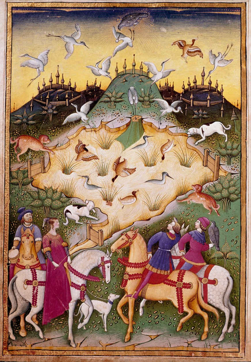 Scena myśliwska z jastrzębiami Miniatura z „”Leats sokolnictwo i venerie z mottem i godłem księcia Sforza” 1459 (ms. 1375) Chantilly, Musee Conde autorstwa Unknown artist
