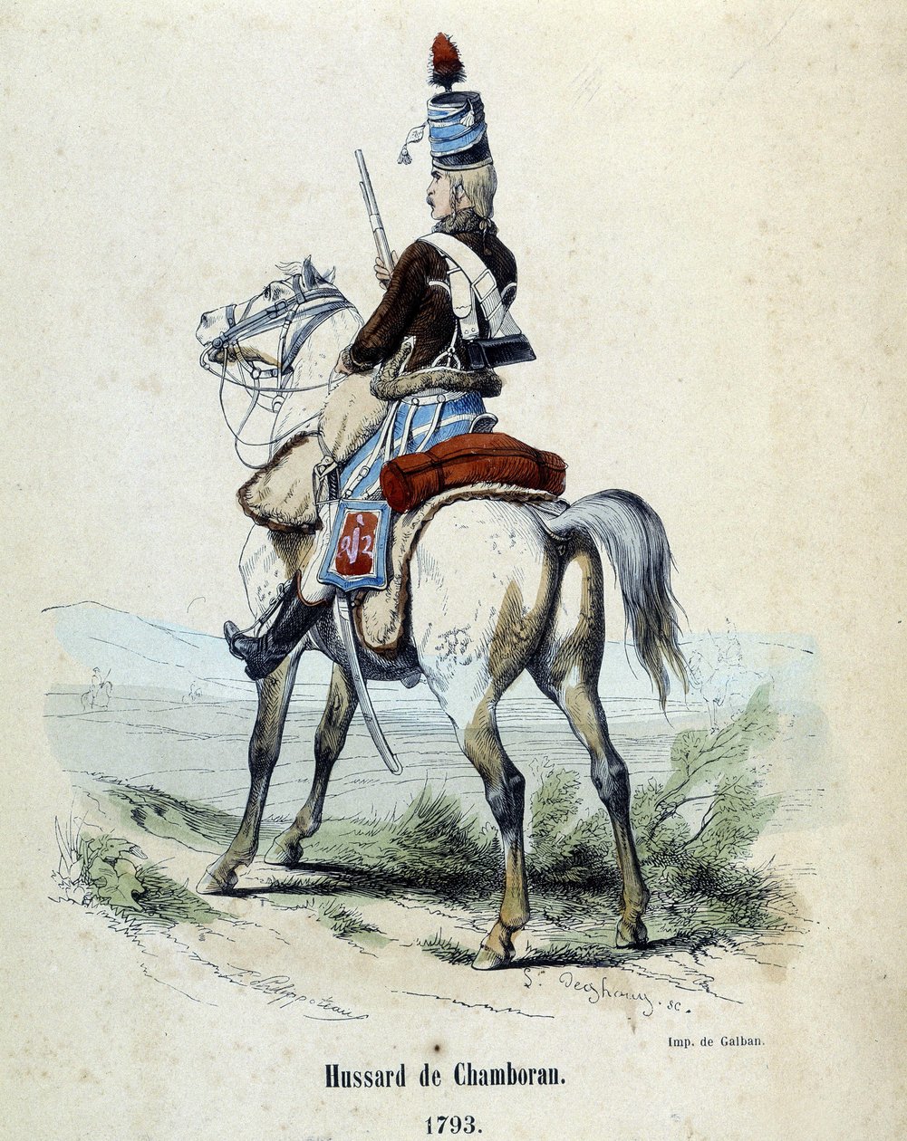 Hussar de Chamborant a 1793 na koniu. autorstwa Unknown artist