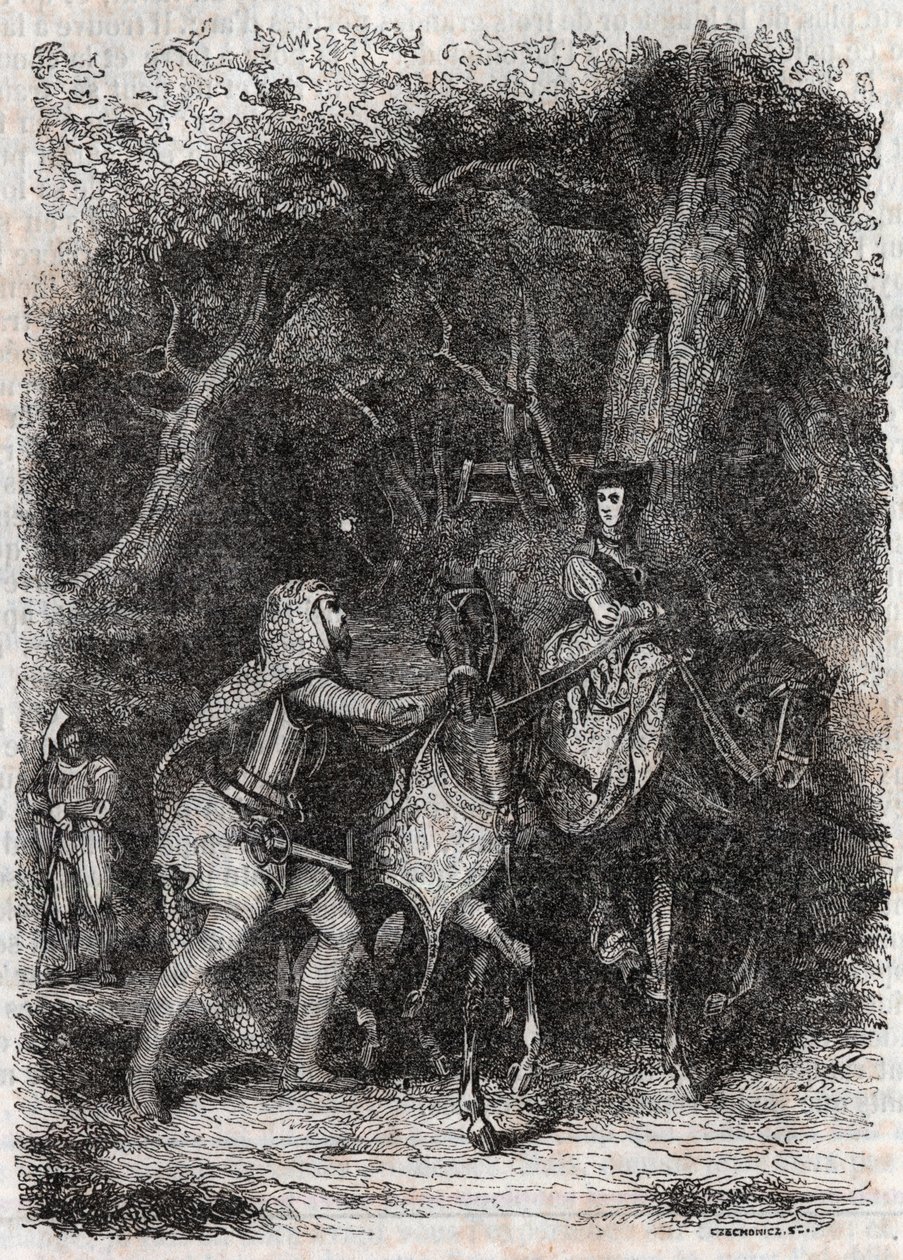 Hypalca Arreted by Rodomont - 1851 grawerowanie z „” Furious Roland”” (Orlando furioso) (16 wiek) Ludovico Ariosto, znanego jako Ariosto - Wydanie przetłumaczone z włoskiego przez hrabiego Tressan i opublikowane przez Gustave Harvard 1851 autorstwa Unknown artist