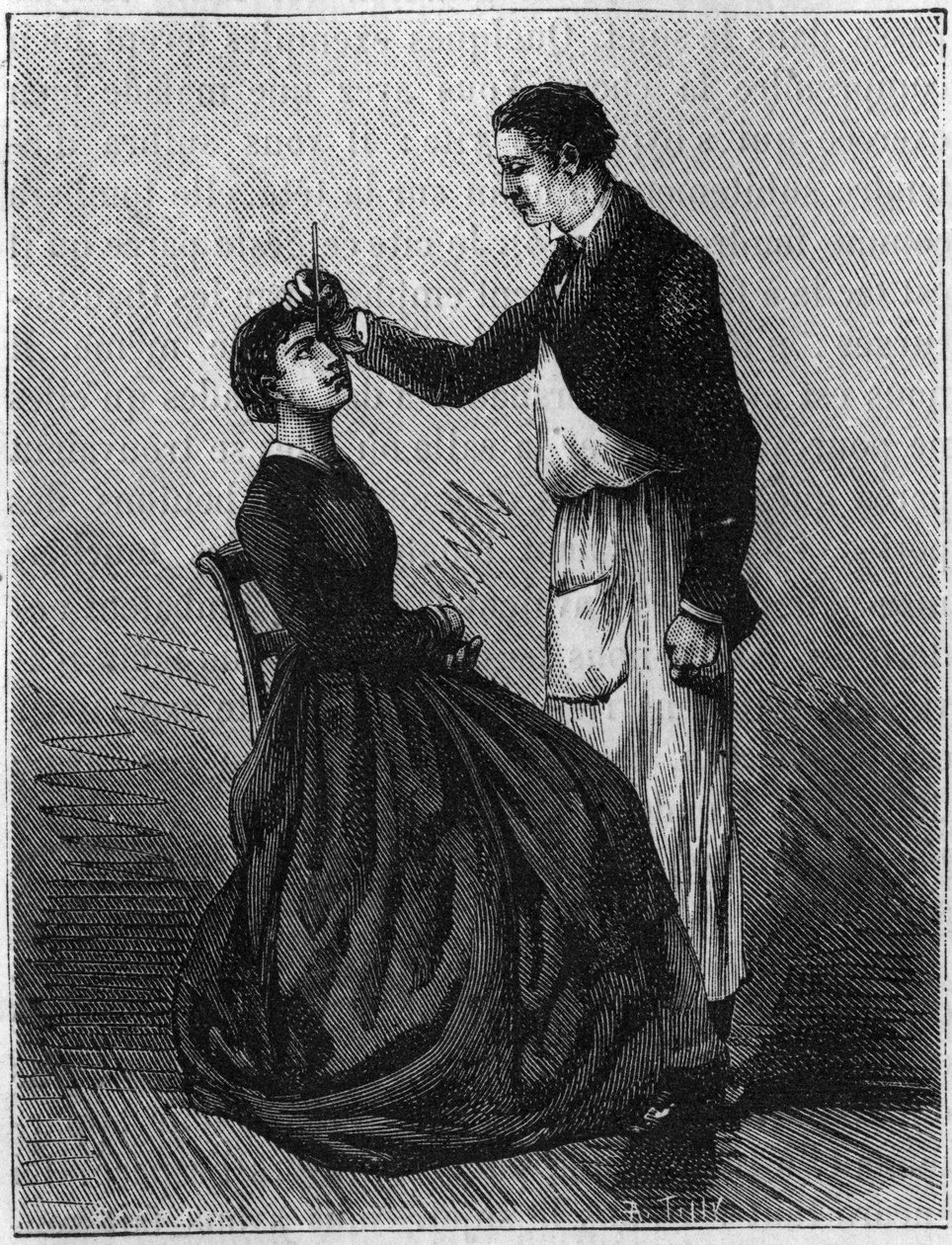 Zjawiska hipnozy: Hipnoza wywołana mocowaniem uchwytu do ołówka między oczami. Grawerowanie z 1881 roku. autorstwa Unknown artist