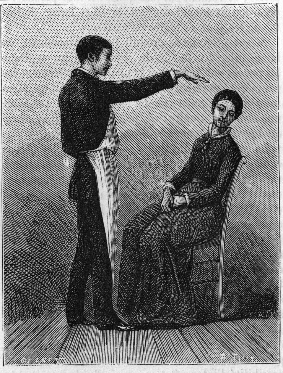 Zjawiska hipnozy: hipnoza powstaje w wyniku nagłego wyciągnięcia ręki przed pacjenta. Grawerowanie z 1881 roku. autorstwa Unknown artist