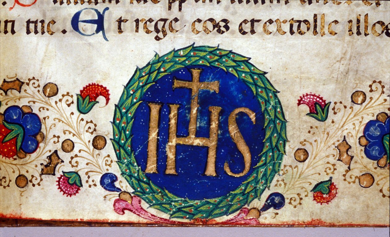 Chrześcijański symbol IHS, którego znaczeniem jest Jezus. Rękopis z XV wieku. autorstwa Unknown artist