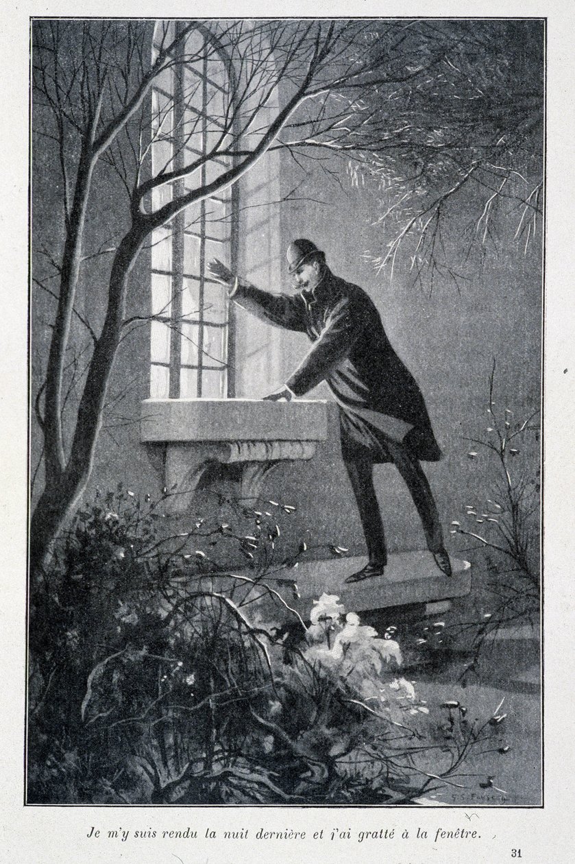 Poszedłem wczoraj wieczorem i podrapałem okno, ilustrację w „The Premiers Exploits of Sherlock Holmes” Conana Doyle