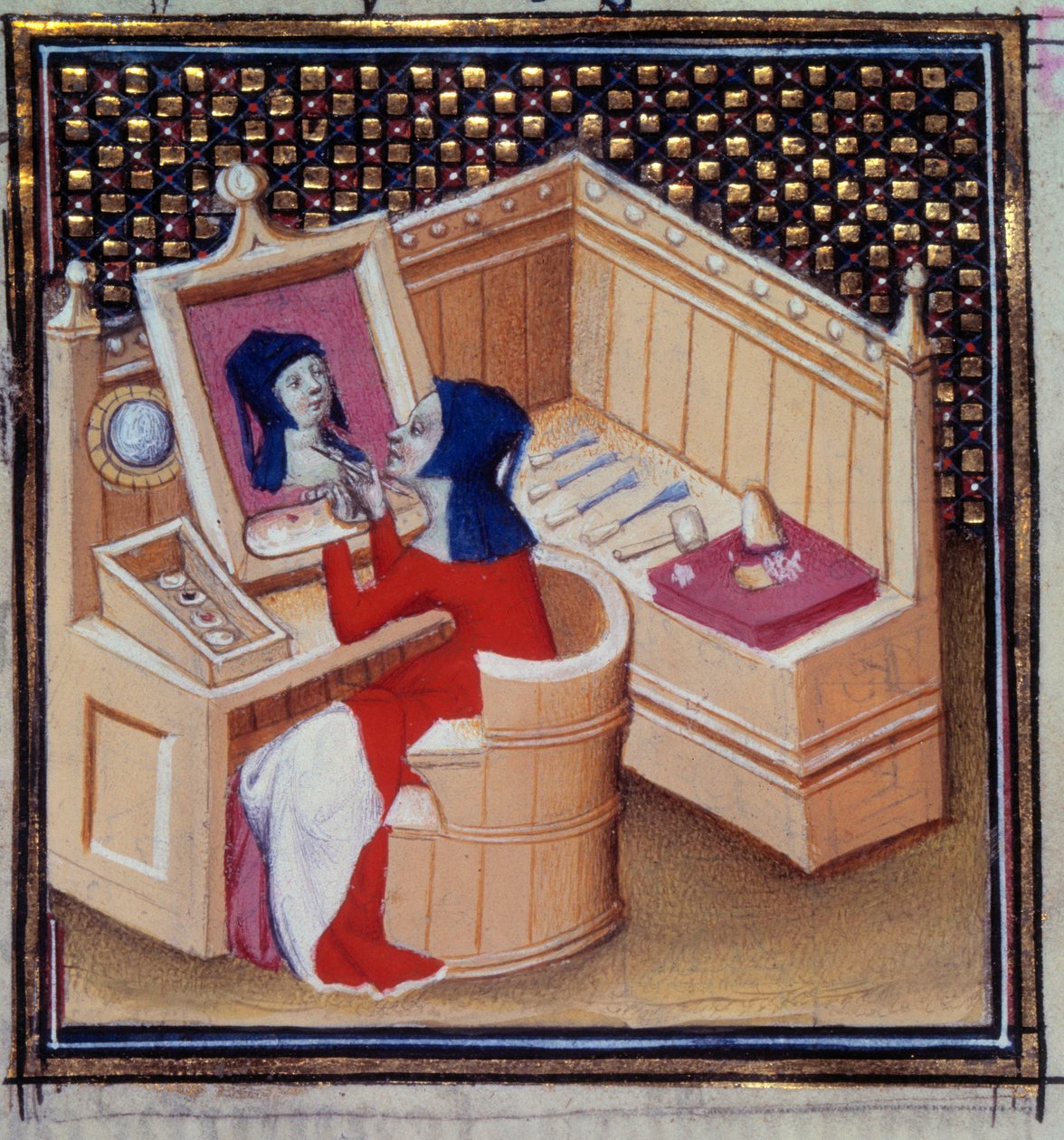 Iaia (Marcia de Cyzique), rzymska malarka, malująca swój miniaturowy portret z „”De mulieribus claris”””(Des clair et nobles femmes)”” autorstwa Giovanniego Boccacio (Boccace) (1313-1373) autorstwa Unknown artist