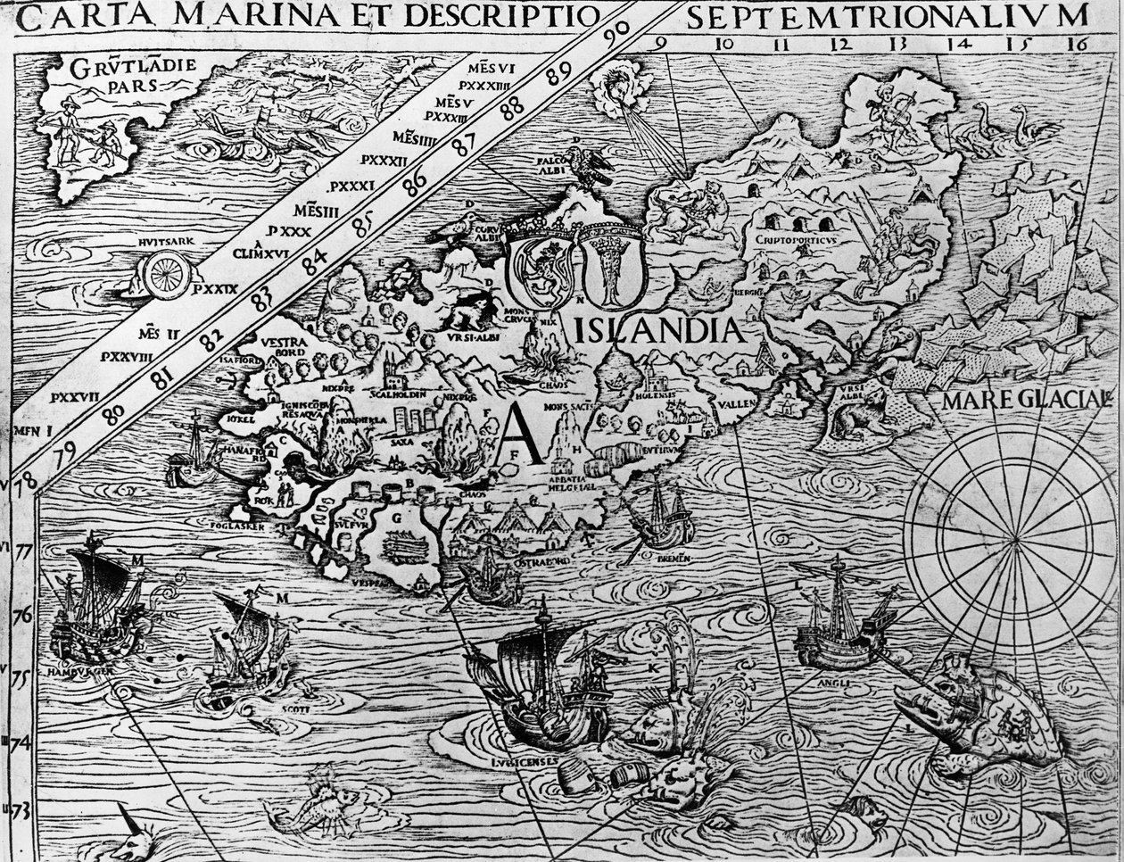Islandia, ok. 1539 r., detal z Carta marina autorstwa szwedzkiego arcybiskupa Olausa Magnusa (1490-1557) autorstwa Unknown artist